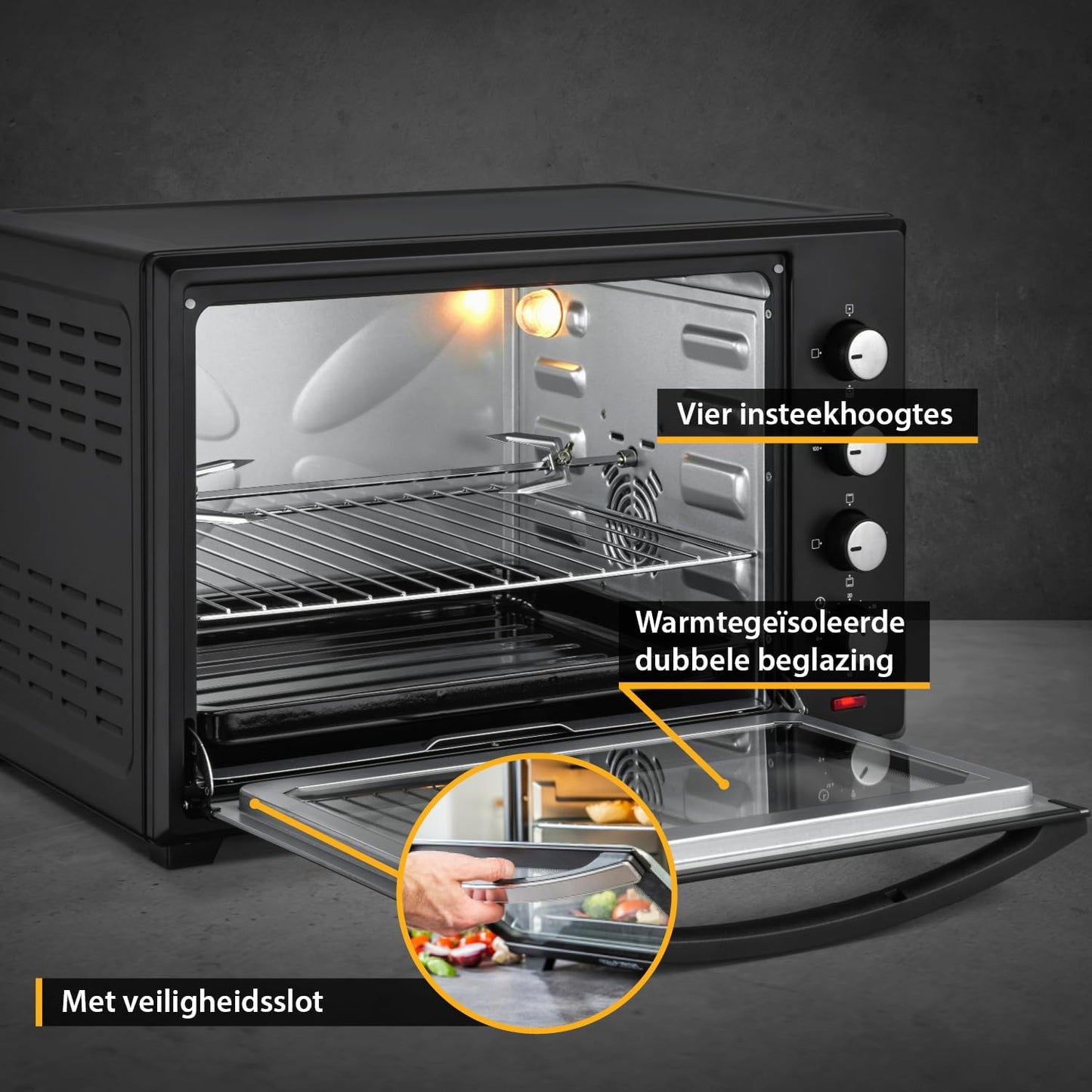 Minioven 60l I 2000W I Convectie + draaispit I 4 verwarmingselementen I Temperatuurbereik tot 230 °C I Timer 60 min I Roestvrij staal I Zwart VERSATILE KOOKOPTIES - PIZZAS, FRYING, GRILLING, CASSEROLES EN MEER: Gebruik de flexibele verwarmingsmodi (hogere