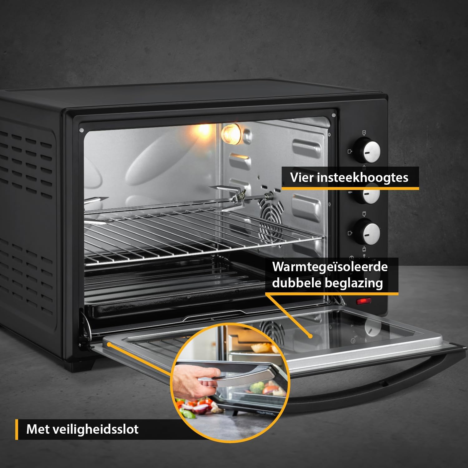 Minioven 60l I 2000W I Convectie + draaispit I 4 verwarmingselementen I Temperatuurbereik tot 230 °C I Timer 60 min I Roestvrij staal I Zwart VERSATILE KOOKOPTIES - PIZZAS, FRYING, GRILLING, CASSEROLES EN MEER: Gebruik de flexibele verwarmingsmodi (hogere