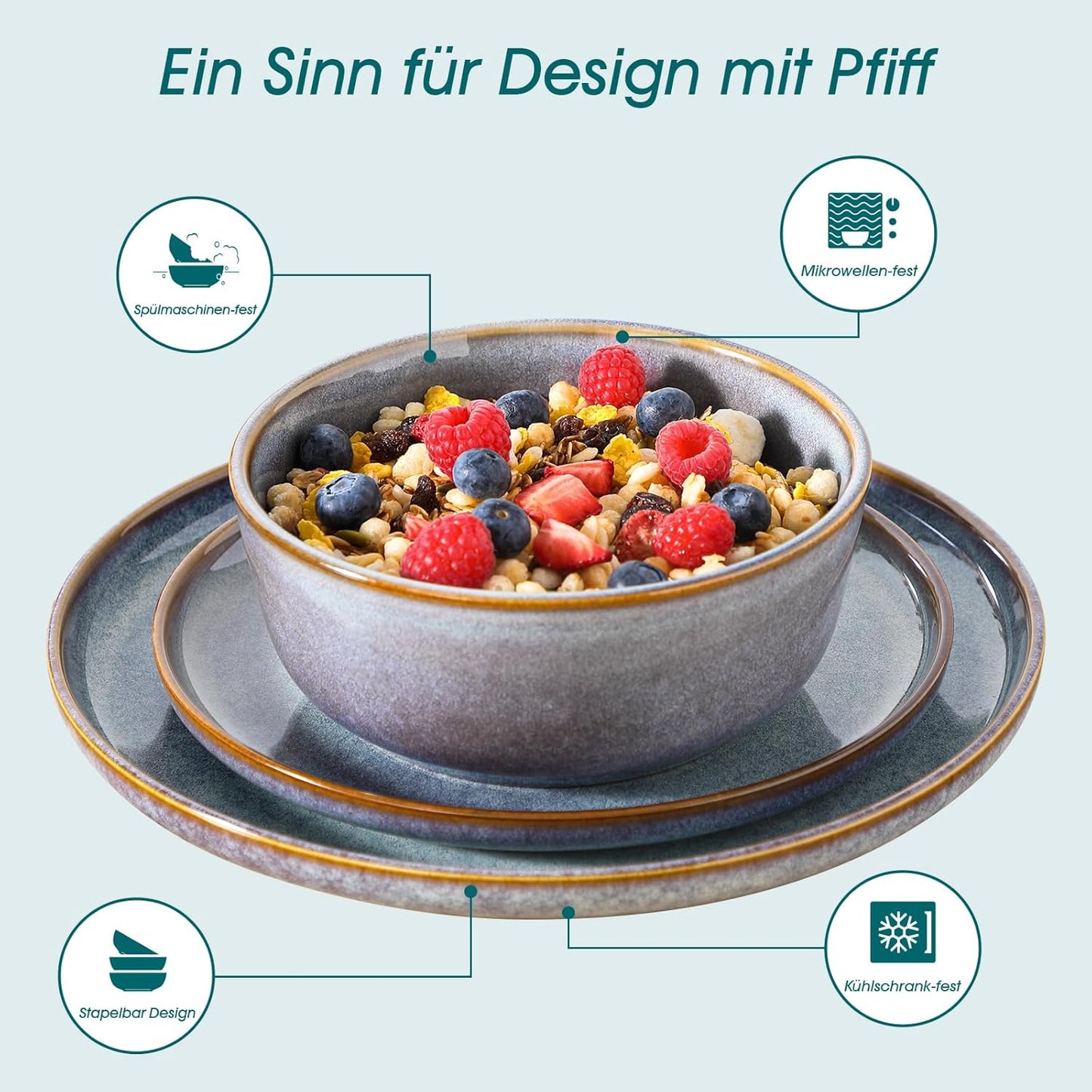 vancasso PLAYA Tafelservies voor 6 personen, 18-delig, modern, aardewerk serviesset, bevat kom, dessertborden en platte borden, vaatwasmachinebestendig, blauw Compleet assortiment servies: de moderne vancasso PLAYA serviesset voor 6 personen omvat 6 komme