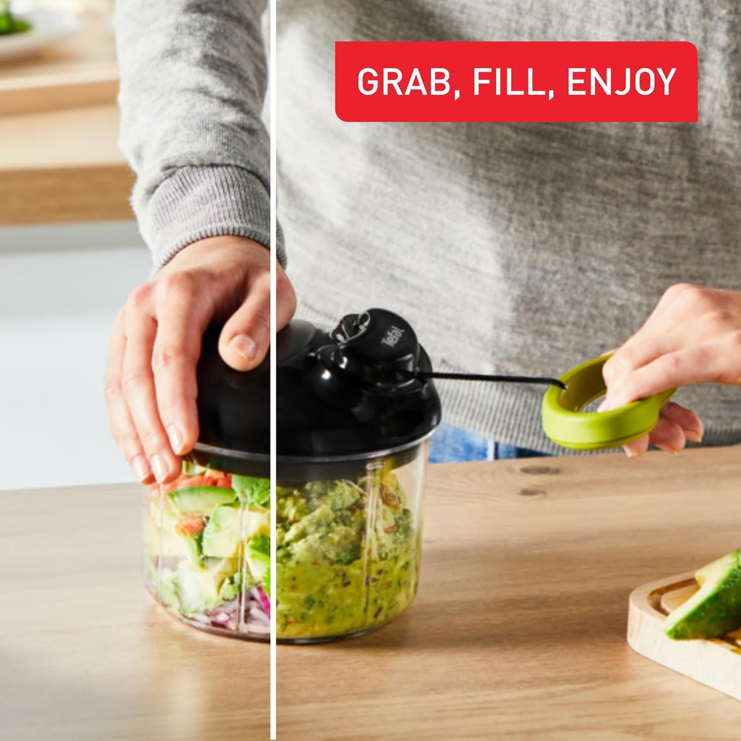 Tefal 5 second Chopper handmatige hakmolen Boostsysteem: perfect resultaat in een handomdraai Hakt alle soorten voedsel dankzij ultra-resistente RVS messen Veilige vergrendeling Heldere kristallen kom om de snijgrootte direct te zien Zachte en ergonomisch