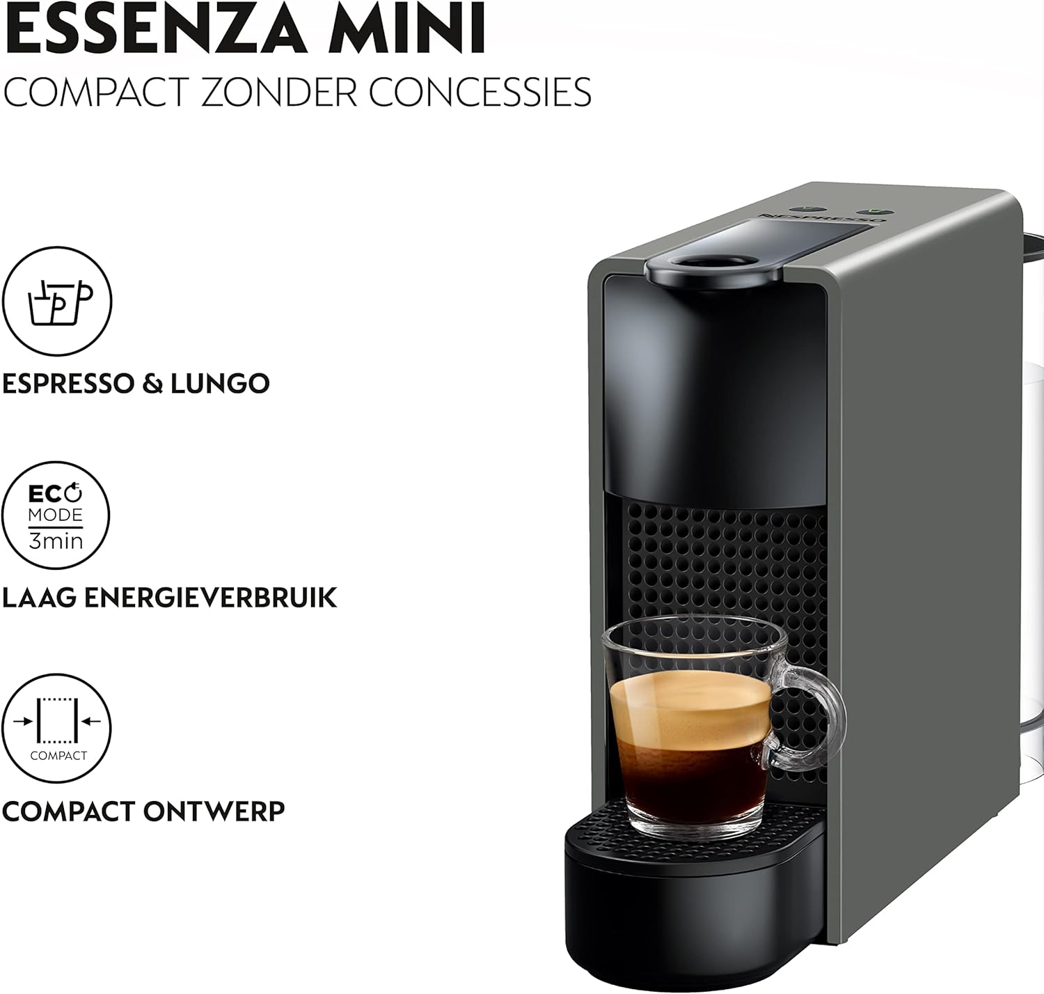 Nespresso Krups Essenza Mini XN1108 koffiecupmachine, 0,6 liter, 19 bar, Energiebesparende modus, Zwart Het koffiezetapparaat voor eenmalig gebruik met een ultracompact modern ontwerp voor maximaal comfort, dat zo min mogelijk ruimte inneemt met een afmet