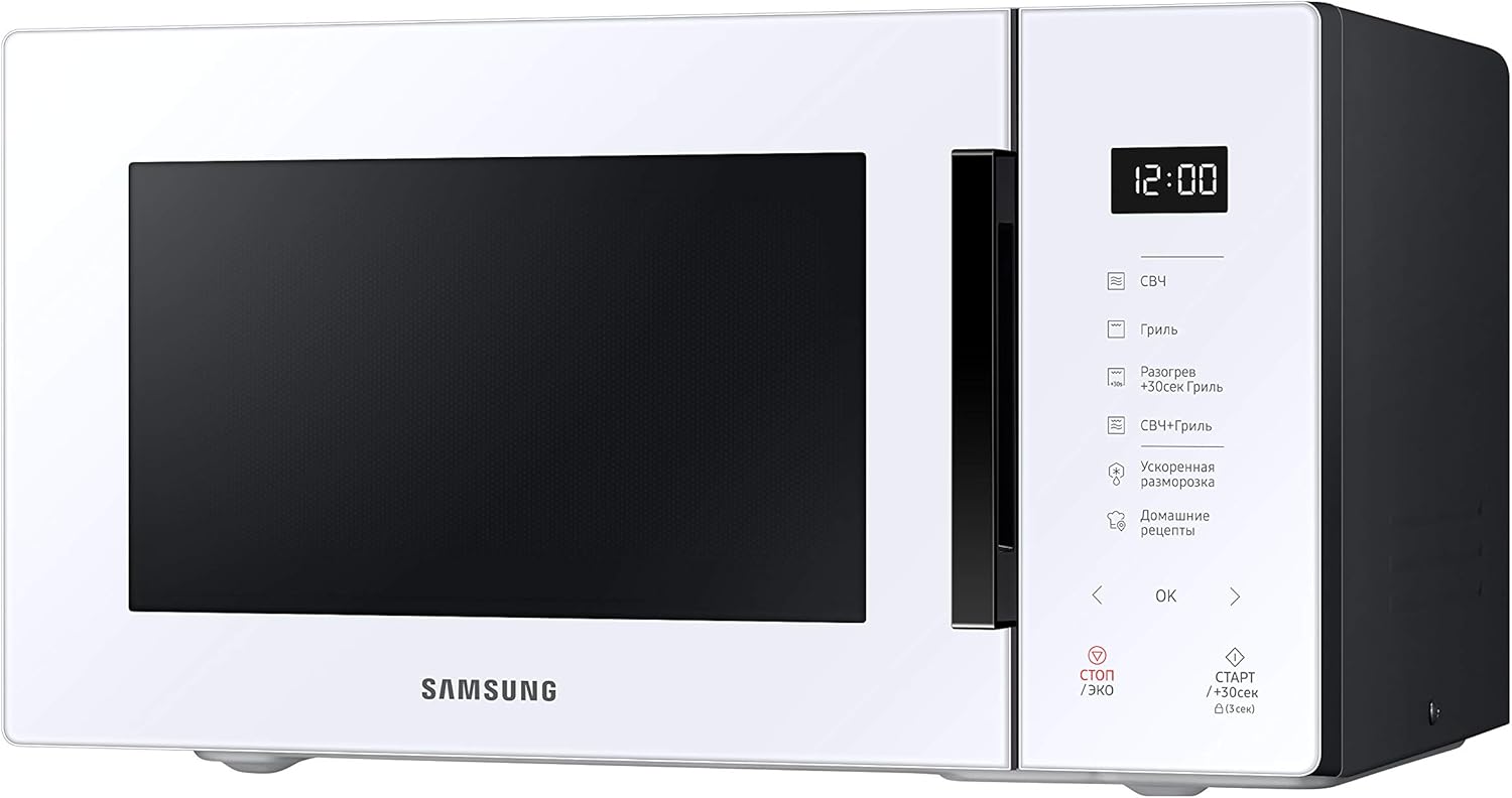Samsung MG23T5018CP/ET Design AirFry, magnetron + grill 800 W + 1100 W, 23 l, 49 l x 27,5 h x 38 p, poeder Porseleinen gekleurd glasontwerp, aanraakpaneel dat bij je keuken past als een designelement. Samsung heeft een magnetron met een kleurrijk design g
