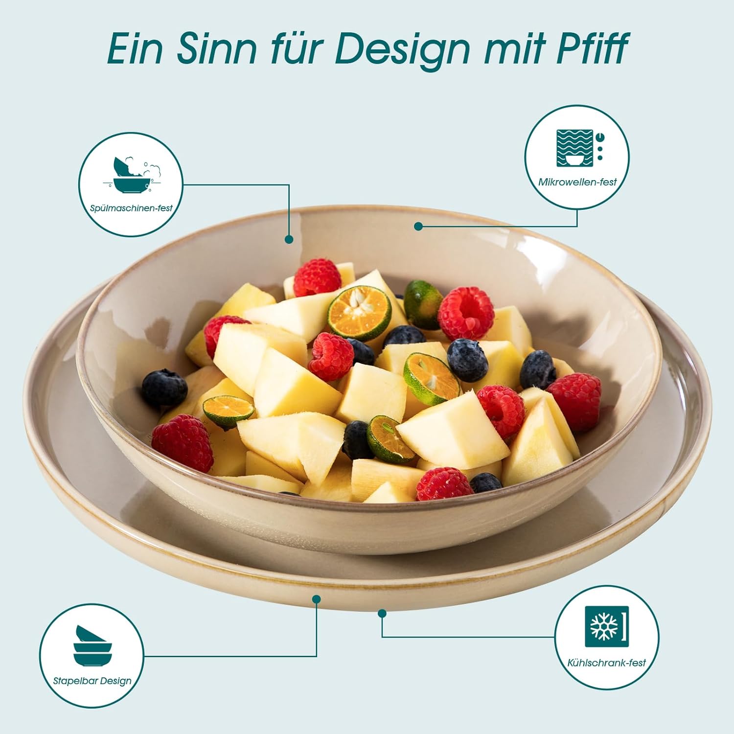vancasso PLAYA Tafelservies voor 6 personen, 18-delig, modern, aardewerk serviesset, bevat kom, dessertborden en platte borden, vaatwasmachinebestendig, blauw Compleet assortiment servies: de moderne vancasso PLAYA serviesset voor 6 personen omvat 6 komme