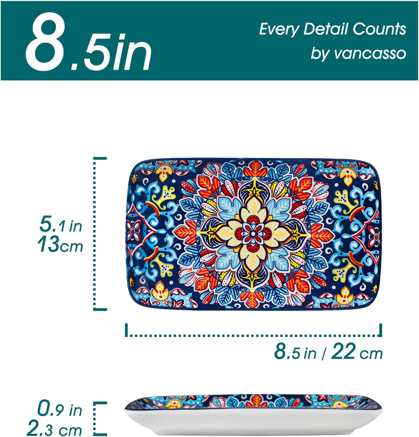 vancasso SIMI Serveerborden, porselein, rechthoekige bordenset, 6-delige Boheemse platte borden, bordenset voor 6 personen, 22 x 13 x 2,3 cm Uniek Boheems design: deze prachtige keramische set met sushi-borden en vervlochten bohemienpatroon geeft je eetta