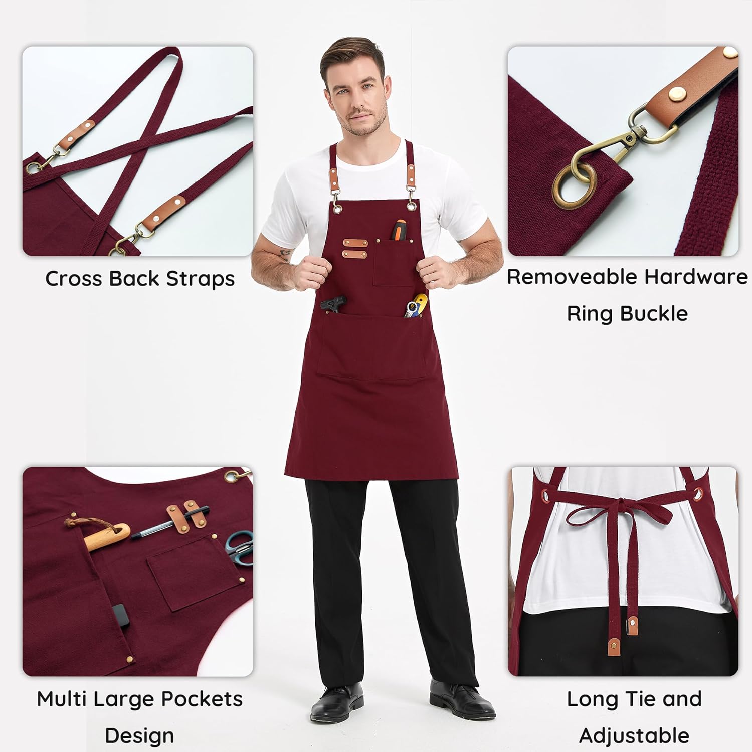 Canvasschorten, Werkschorten voor Mannen en Vrouwen, Chef-kokschorten met Verstelbare Riem en 3 Zakken, Schort voor Servers, Keuken, Koken, Bakken, Kunstenaar, Schilderen, Gekruiste Productgegevens Onderhoudsvoorschriften Machinewas Type sluiting Trekkoor
