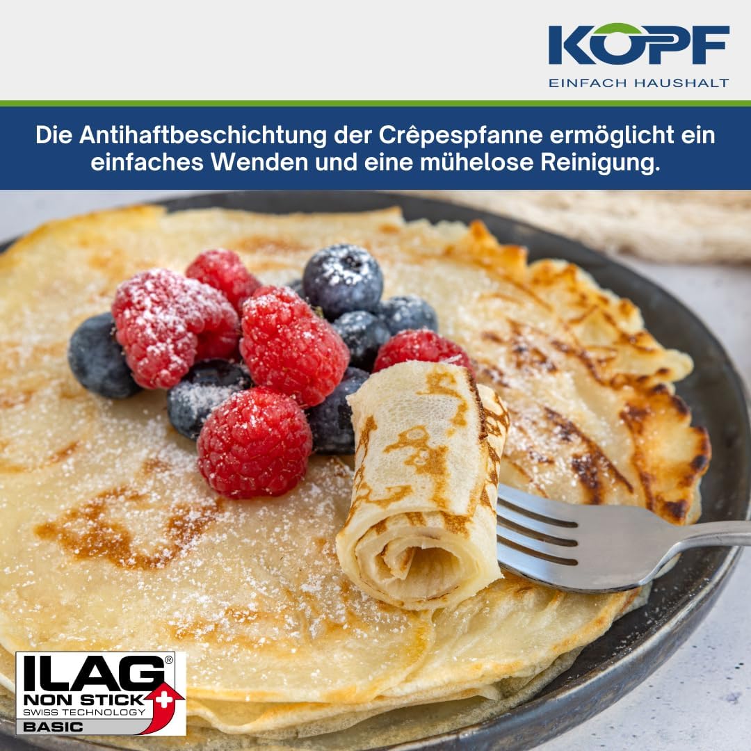 Kopf Crêpepan Pannenkoekpan Marra 28 cm, ILAG-coating, inductie met deegverdeler Type: pannenkoekenpan van stevig gegoten aluminium met een diameter van 28 cm - incl. deegverdeler van hout Coating: krasbestendige en duurzame ILAG anti-aanbaklaag voor veta