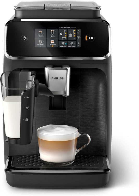 PHILIPS 3300-Serie Volautomatische Espressomachine Ontvang €50 cashback na aankoop tussen 31 maart en 18 mei 2025 Meer informatie op philips.nl/acties Zijdezacht melkschuim: LatteGo bereidt automatisch zijdezacht melkschuim voor uw melkkoffies met verschi