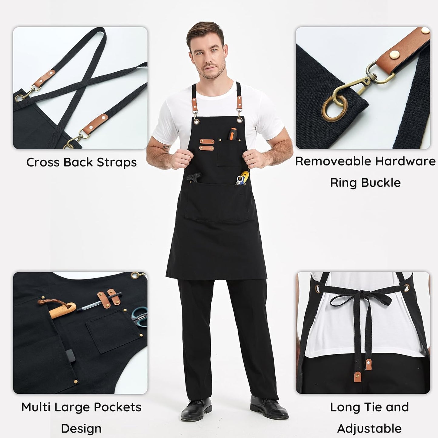 Canvasschorten, Werkschorten voor Mannen en Vrouwen, Chef-kokschorten met Verstelbare Riem en 3 Zakken, Schort voor Servers, Keuken, Koken, Bakken, Kunstenaar, Schilderen, Gekruiste Productgegevens Onderhoudsvoorschriften Machinewas Type sluiting Trekkoor