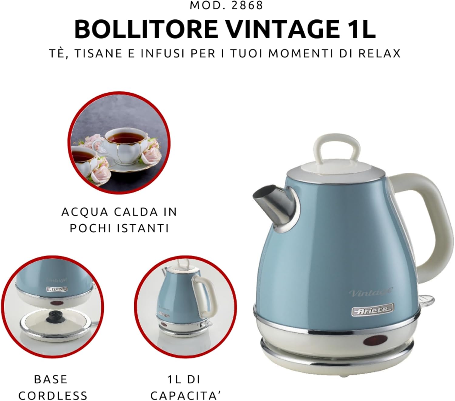 Ariete Vintage waterkoker retro draadlooz 1600 W Over dit item Krachtig: Met een inhoud van 1 liter en een vermogen van 1600 watt kan met deze vintage waterkoker je water in enkele minuten aan de kook worden gebracht om koffie en thee te bereiden. HOOGWAA