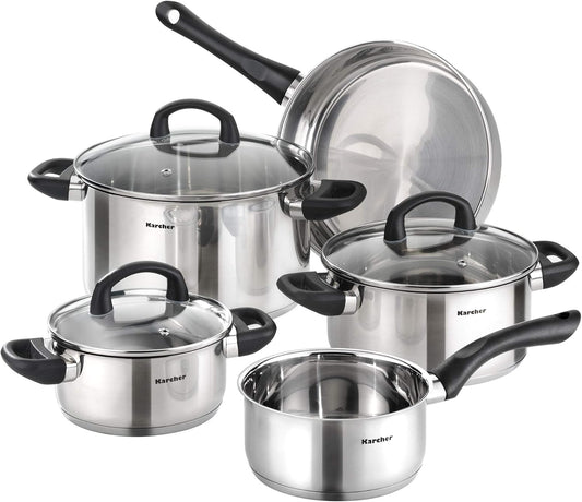 Karcher Mia 5-delige Pannenset van roestvrij staal inductie Over dit item Type: 5-delige roestvrijstalen pannenset Mia met kunststof handgrepen Samenstelling: steelpan (16 cm); 3x kookpannen met glazen deksel (16 cm, 20 cm, 24 cm); diepe stoofpan (24 cm)