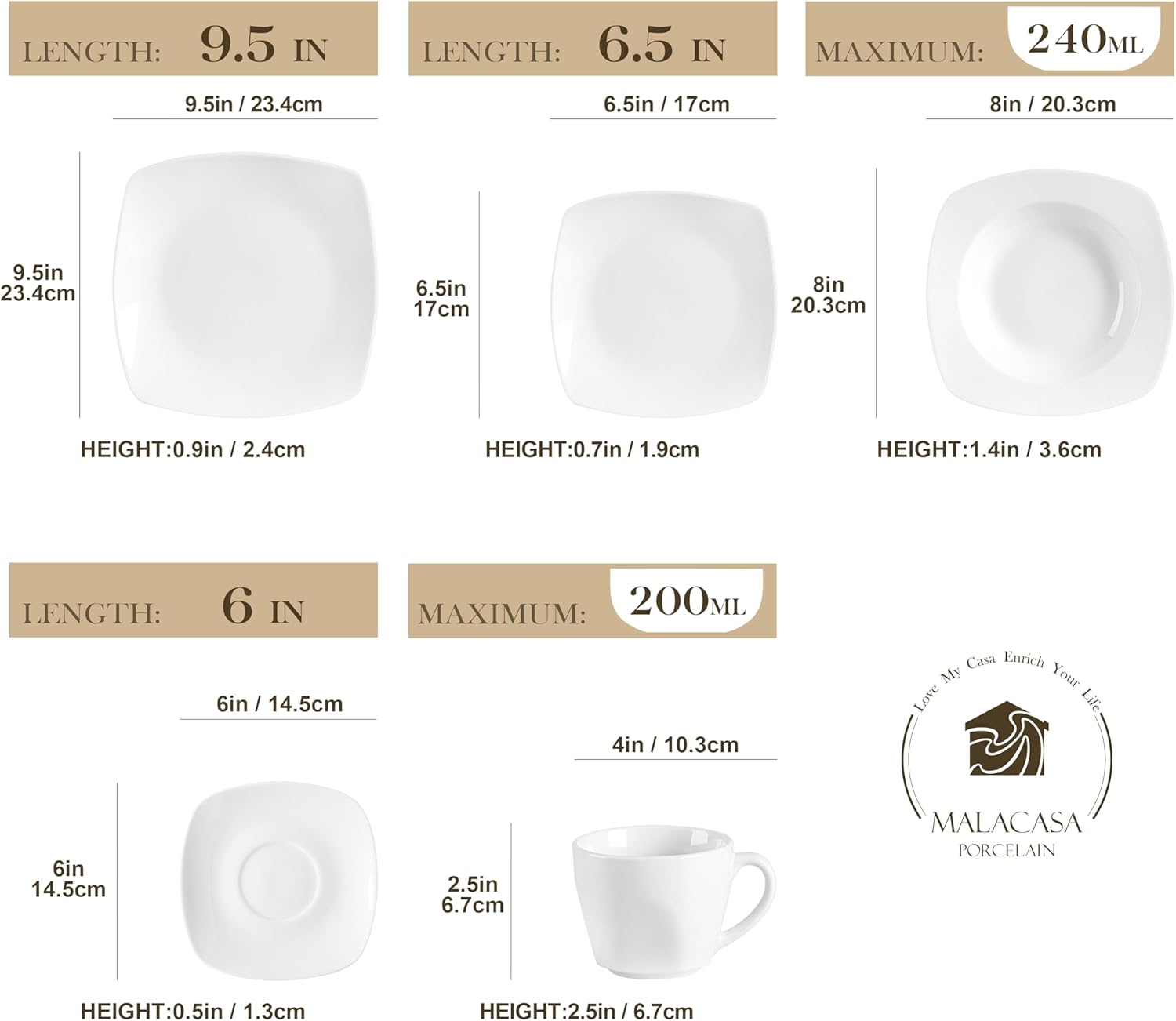 MALACASA, Series Julia servies 60-Delig combi 12 Stuks Over dit item Dinersets voor 12 personen: 60-delige dinersets van de MALACASA JULIA-serie bevatten elk 12: 23,4 cm dinerborden, 16,8 cm kleine dessertborden, 240 ml soepborden van 8 inch en 200 ml 4 i