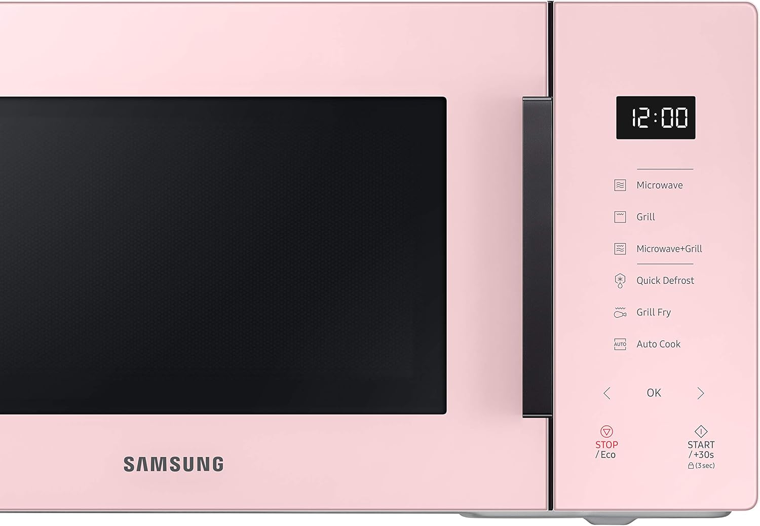 Samsung MG23T5018CP/ET Design AirFry, magnetron + grill 800 W + 1100 W, 23 l, 49 l x 27,5 h x 38 p, poeder Porseleinen gekleurd glasontwerp, aanraakpaneel dat bij je keuken past als een designelement. Samsung heeft een magnetron met een kleurrijk design g
