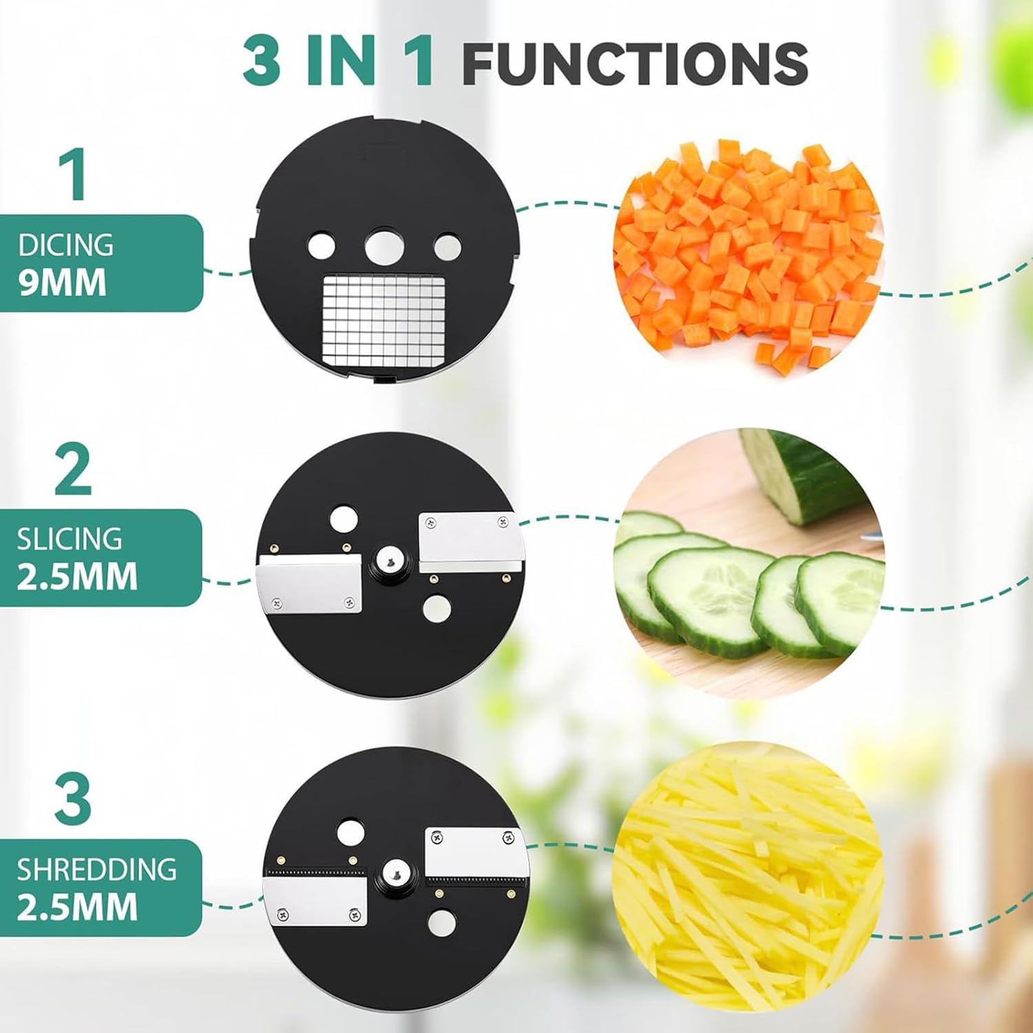 3-in-1 Elektrische Groentesnijder & Dicer Elektrische groentesnijders, commerciële multifunctionele snijmachine, snijmachine, raspmachine voor het snijden, malen, snijden, elektrische voedselsnijder, rasp voor fruit en groenten Specificatie: Productnaam: