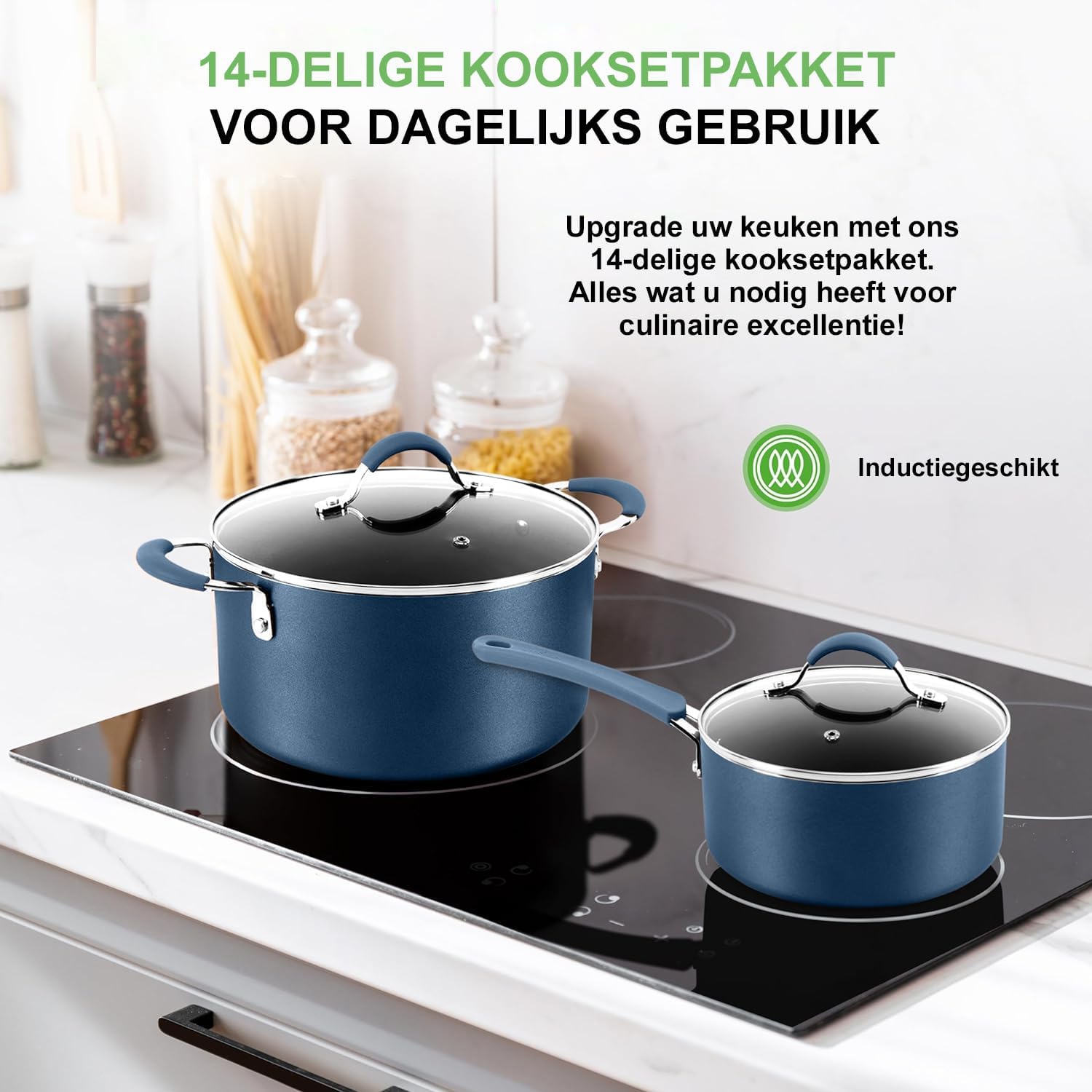 NutriChef Pannenset 14-delige Antiaanbak Kookset- Kookpannenset Over dit item 14-DELIGE SET: NutriChef biedt een 14-delige antiaanbak kookset, inclusief een sauspan van 1,4 liter en 2,4 liter met deksels, een braadpan van 4,7 liter met deksel, een grote k