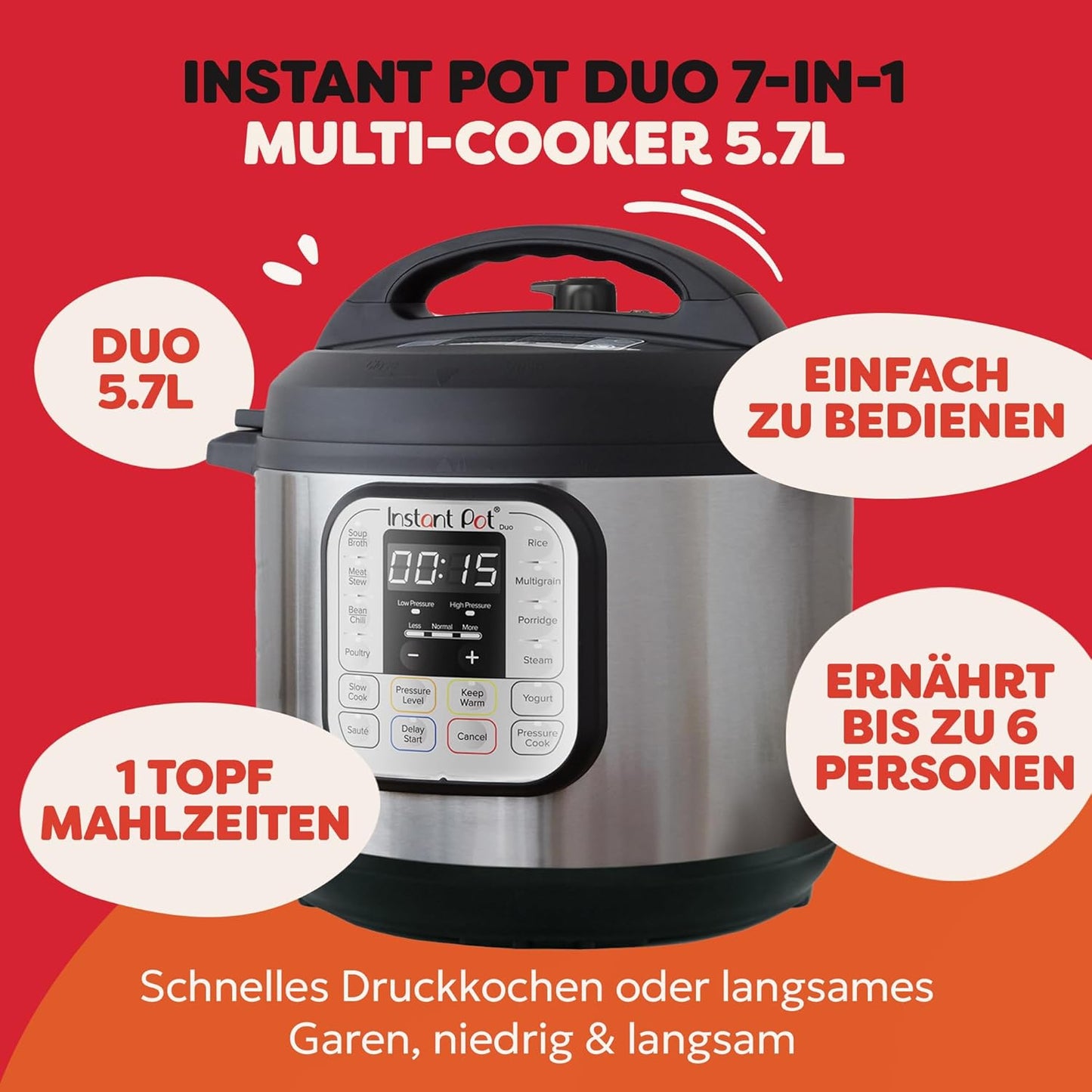 Instant Pot programmeerbare 7-in-1 elektrische snelkookpan Over dit item Een 7-in-1 multifunctionele kooktoestel: snelkookpan, slow cooker, rijstkoker, braden/bruinen, yoghurtbereider, stoompan, warmhoudapparaat. Merk Instant Pot Capaciteit 5,7 Liter Mate