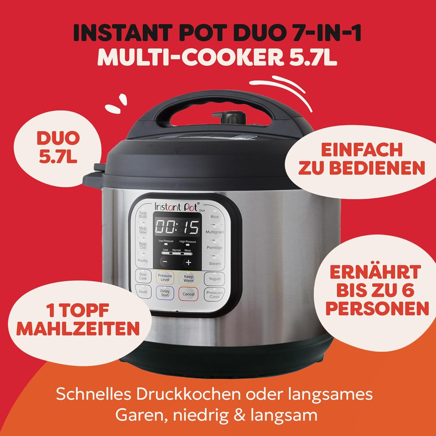 Instant Pot programmeerbare 7-in-1 elektrische snelkookpan Over dit item Een 7-in-1 multifunctionele kooktoestel: snelkookpan, slow cooker, rijstkoker, braden/bruinen, yoghurtbereider, stoompan, warmhoudapparaat. Merk Instant Pot Capaciteit 5,7 Liter Mate
