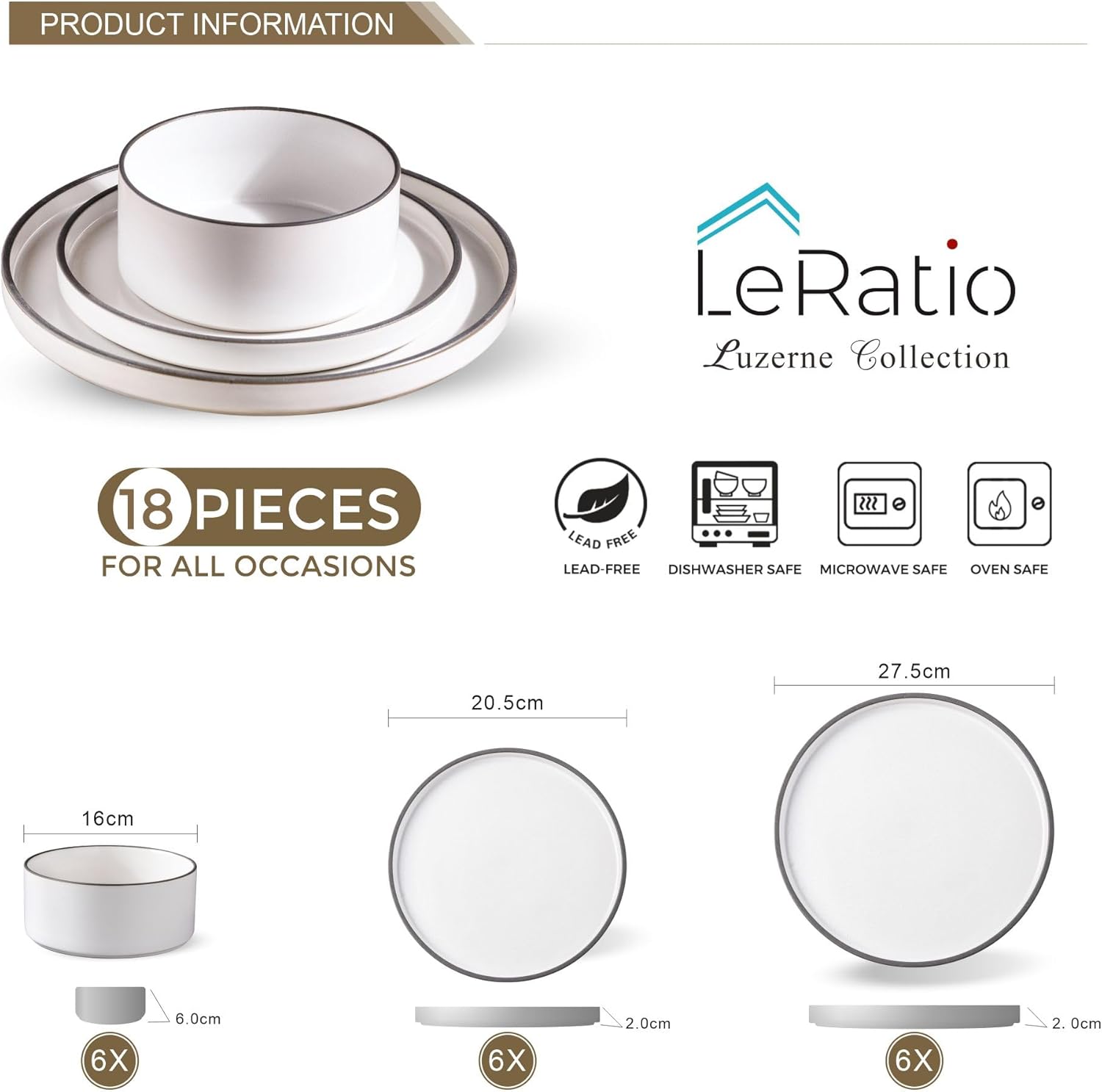 LeRatio Diner Set voor 6, 18-delige set borden en kommen van aardewerk, chip- en krasbestendig serviesset, oven- en vaatwasser- en magnetronbestendige serviesset (gespikkelde zwart-witte rand, servies LeRatio Diner Set voor 6, 18-delige set borden en komm