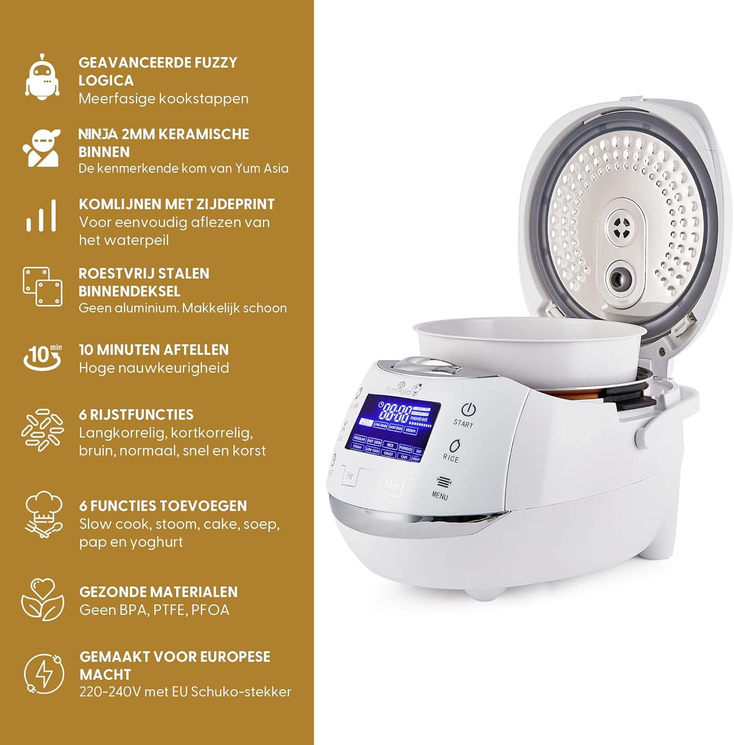 Yum Asia Sakura rijstkoker met keramische kom Over dit item PERFECTE RIJST MET EEN DRUK OP DE KNOP - Instellingen voor wit / langkorrelig, kortkorrelig / sushi en zilvervliesrijst met behulp van 7 verschillende kookfasen om automatisch de beste smaak, tex