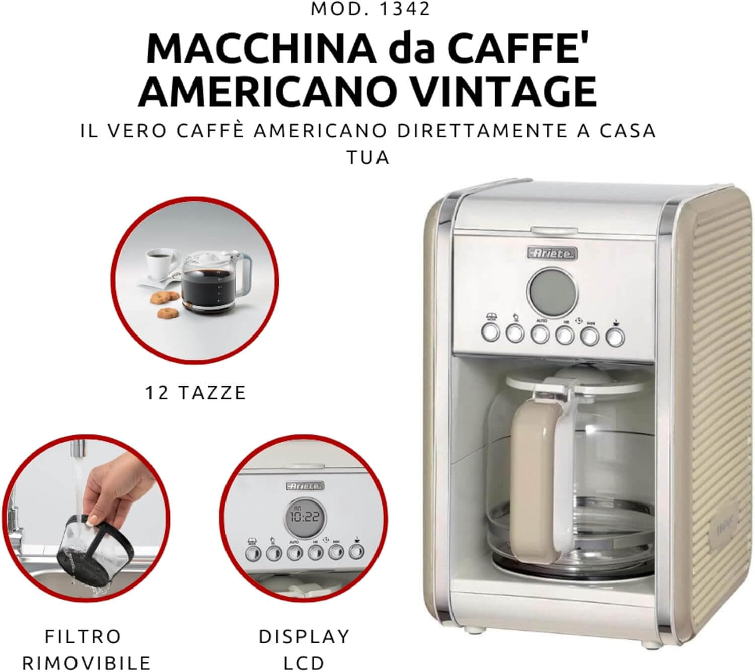 Ariete Retro Americano-koffiezetapparaat tot 12 kopjes 4 TOT 12 kopjes: Dit Americano-koffiezetapparaat met anti-druppelfunctie extraheert heerlijke, aromatisch geurende en smakelijke koffie Klaar wanneer je opstaat: dankzij de programmeerfunctie tot 24 u