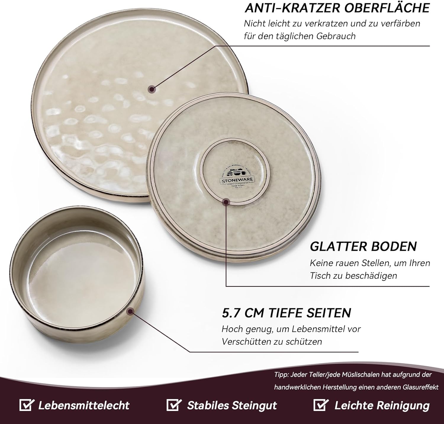 Onader Serviesset, 18-delig aardewerk, tafelserviesset, mueslikommen, platte borden en dessertborden, set voor 6 personen, anti-kras en magnetronbestendig, cappuccino kaki Onader 18-delige tafelserviesset van aardewerk is gemaakt van premium klei met reac