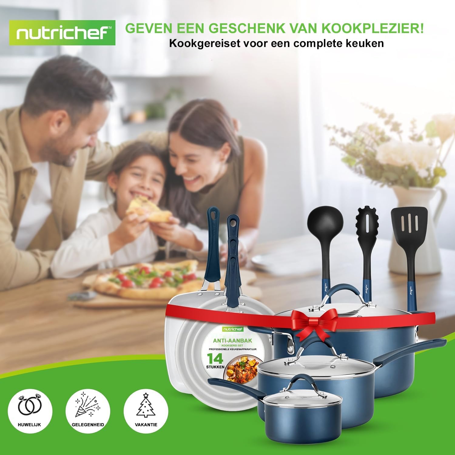 NutriChef Pannenset 14-delige Antiaanbak Kookset- Kookpannenset Over dit item 14-DELIGE SET: NutriChef biedt een 14-delige antiaanbak kookset, inclusief een sauspan van 1,4 liter en 2,4 liter met deksels, een braadpan van 4,7 liter met deksel, een grote k