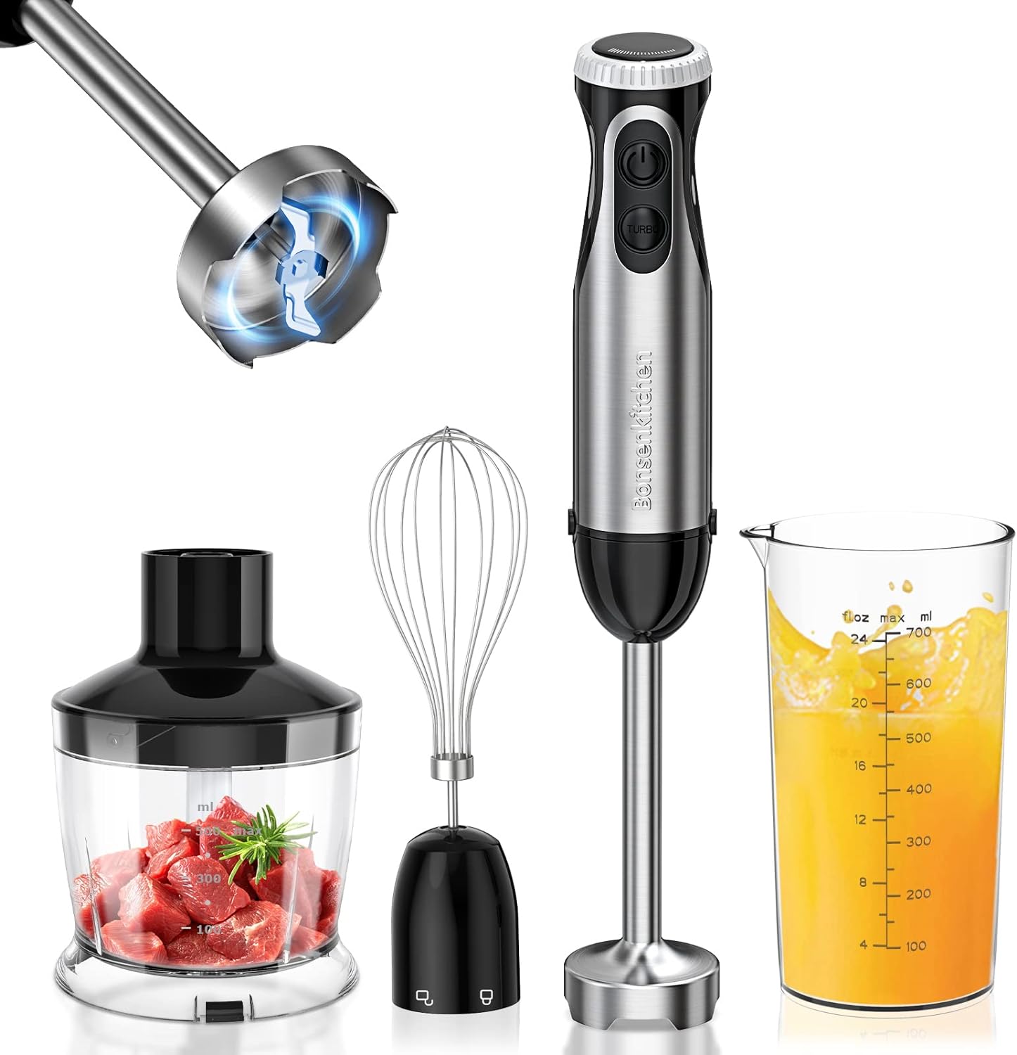 Bonsenkitchen Pureerstaaf, 4-en-1 staafmixer elektrisch, 1000 W, traploze snelheden, roestvrij staal, garde, 500 ml hakbeker en 700 ml maatbeker voor babyvoeding, HB3203 (zwart) [Voldoende vermogen] De Bonsenkitchen staafmixer is uitgerust met een 1000 W