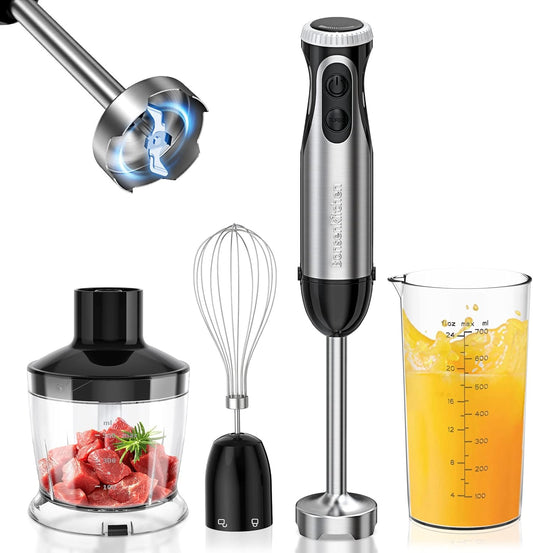 Bonsenkitchen Pureerstaaf, 4-en-1 staafmixer elektrisch, 1000 W, traploze snelheden, roestvrij staal, garde, 500 ml hakbeker en 700 ml maatbeker voor babyvoeding, HB3203 (zwart) [Voldoende vermogen] De Bonsenkitchen staafmixer is uitgerust met een 1000 W