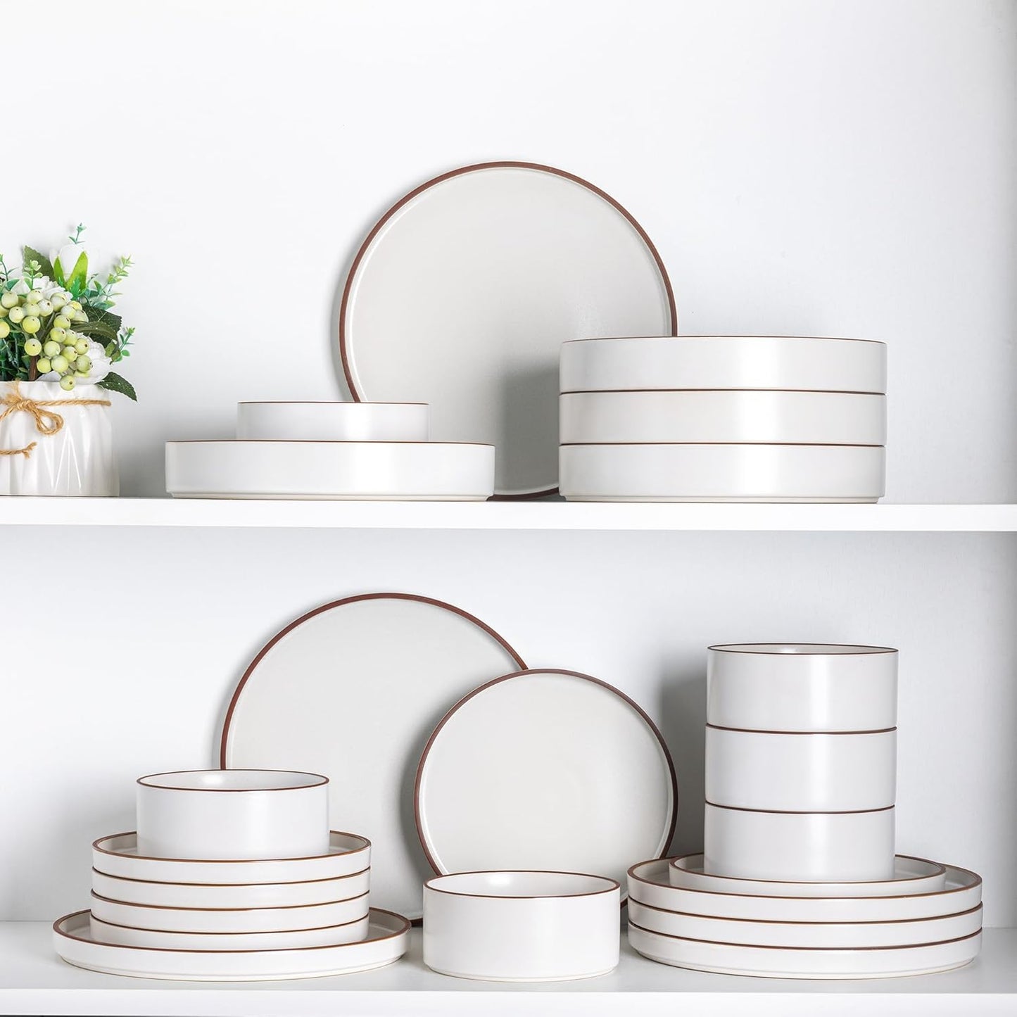LeRatio Diner Set voor 6, 18-delige set borden en kommen van aardewerk, chip- en krasbestendig serviesset, oven- en vaatwasser- en magnetronbestendige serviesset (gespikkelde zwart-witte rand, servies LeRatio Diner Set voor 6, 18-delige set borden en komm