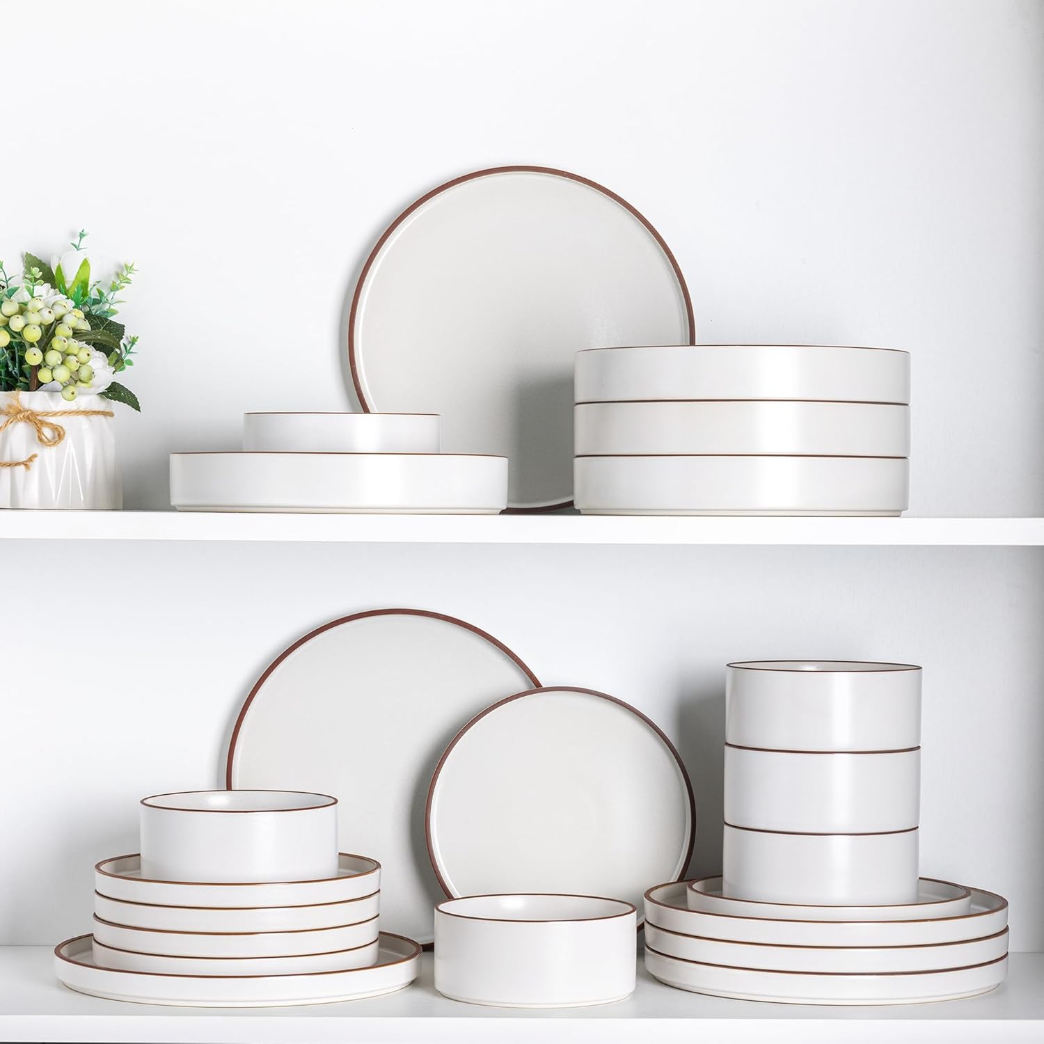 LeRatio Diner Set voor 6, 18-delige set borden en kommen van aardewerk, chip- en krasbestendig serviesset, oven- en vaatwasser- en magnetronbestendige serviesset (gespikkelde zwart-witte rand, servies LeRatio Diner Set voor 6, 18-delige set borden en komm