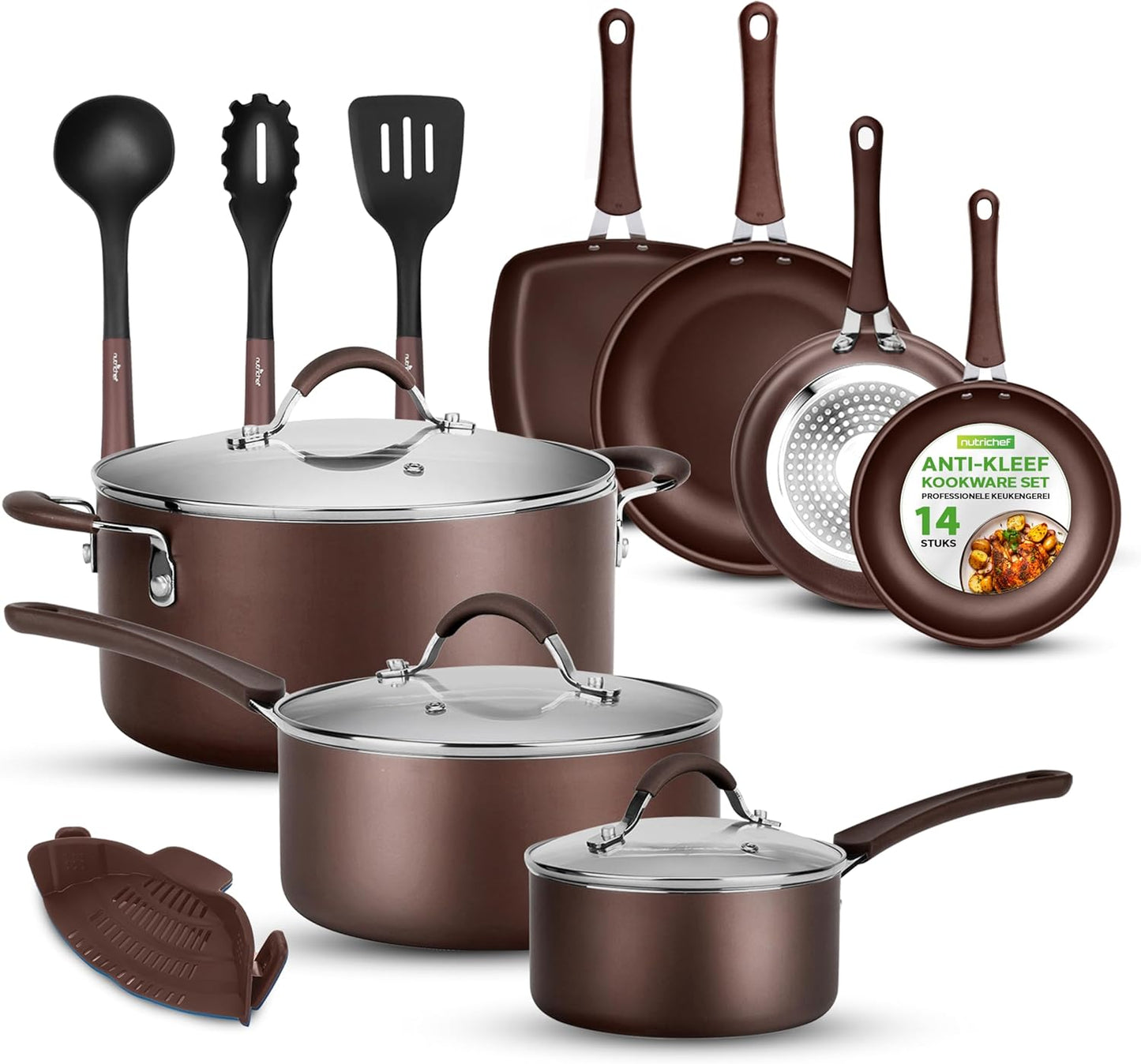 NutriChef Pannenset 14-delige Antiaanbak Kookset- Kookpannenset Over dit item 14-DELIGE SET: NutriChef biedt een 14-delige antiaanbak kookset, inclusief een sauspan van 1,4 liter en 2,4 liter met deksels, een braadpan van 4,7 liter met deksel, een grote k