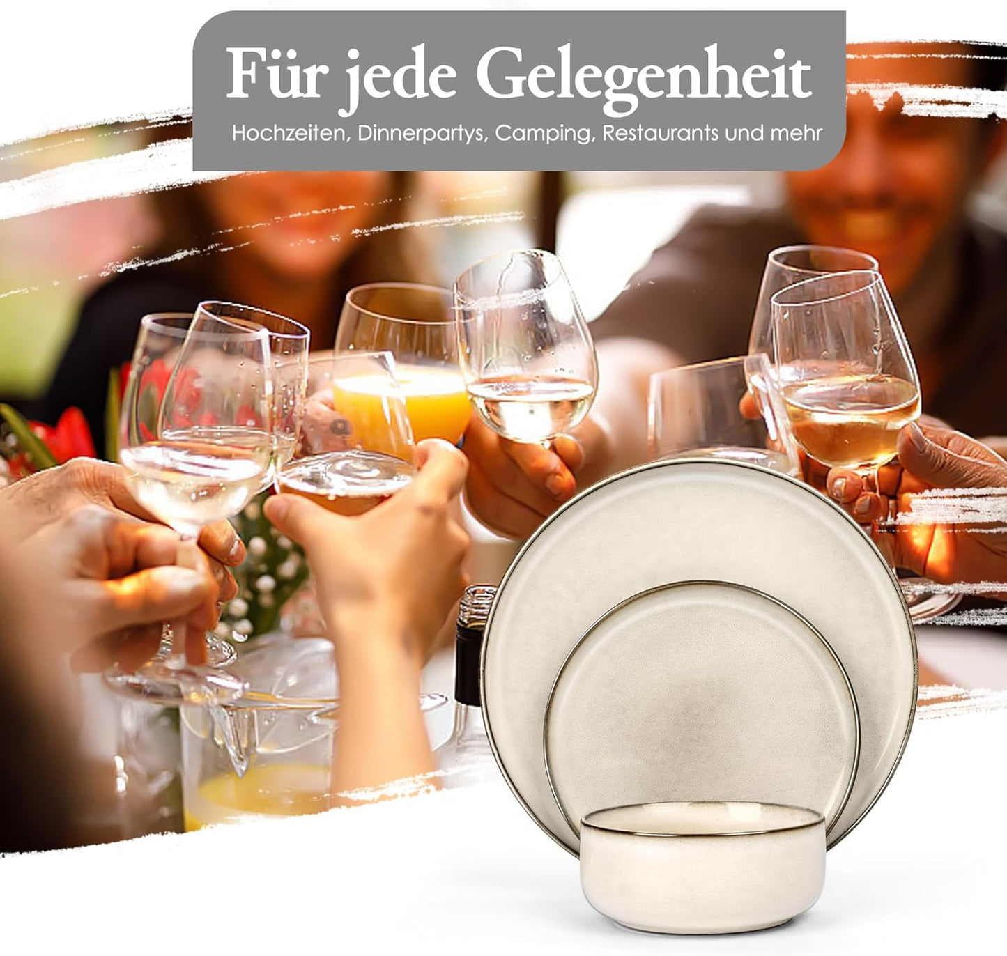 Onader Serviesset voor 6 personen, 18-delig aardewerk, combiservies, 6 platte borden, dessertborden, mueslikommen, vaatwasmachinebestendig, parelbeige De 18-delige tafelserviesset van Onader is gemaakt van superieur aardewerk met reactief glazuur, niet gi