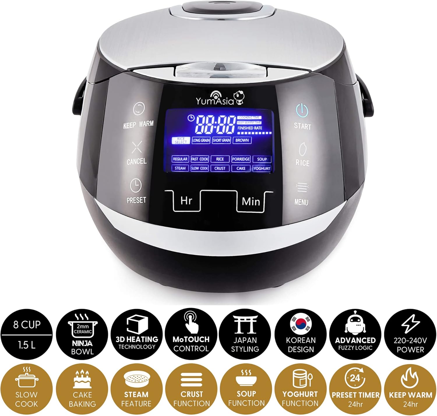 Yum Asia Sakura rijstkoker met keramische kom Over dit item PERFECTE RIJST MET EEN DRUK OP DE KNOP - Instellingen voor wit / langkorrelig, kortkorrelig / sushi en zilvervliesrijst met behulp van 7 verschillende kookfasen om automatisch de beste smaak, tex