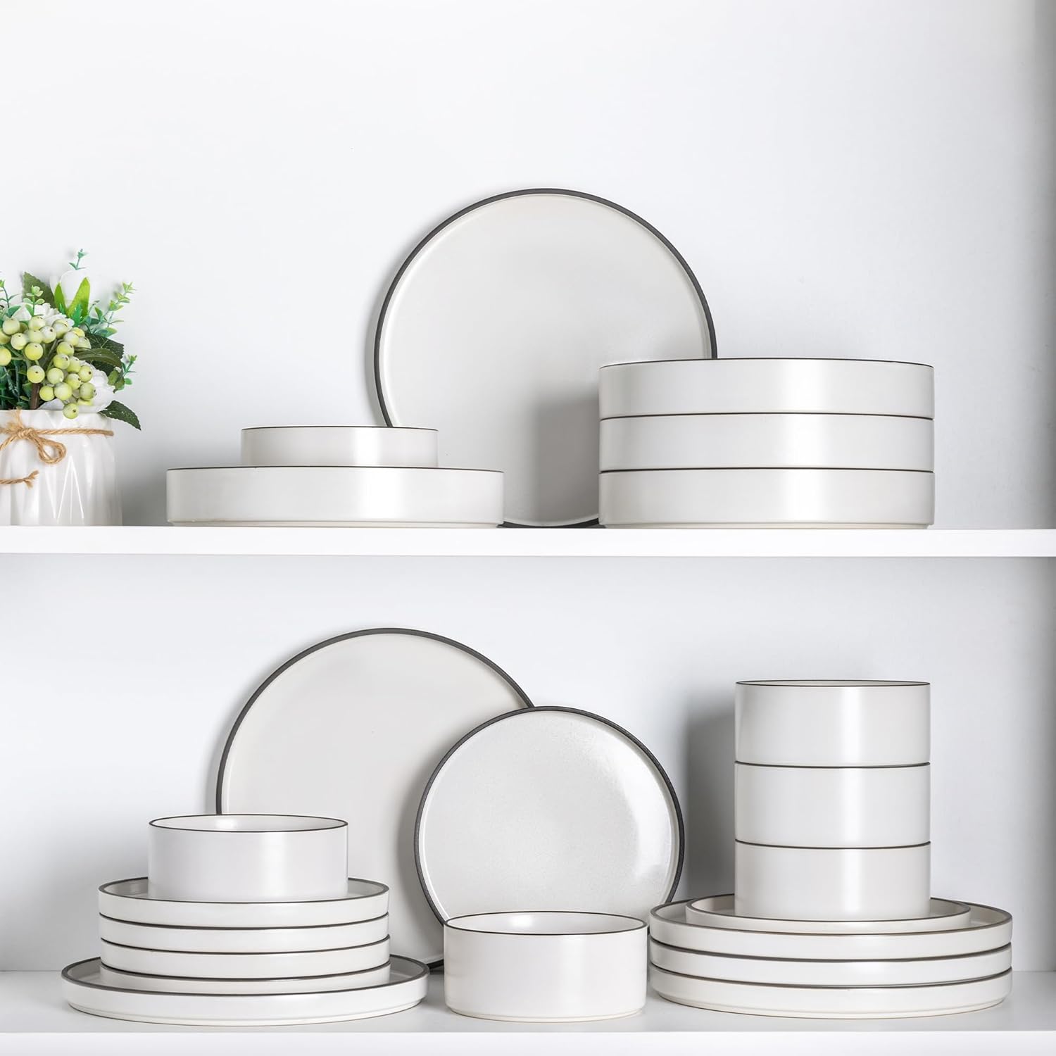 LeRatio Diner Set voor 6, 18-delige set borden en kommen van aardewerk, chip- en krasbestendig serviesset, oven- en vaatwasser- en magnetronbestendige serviesset (gespikkelde zwart-witte rand, servies LeRatio Diner Set voor 6, 18-delige set borden en komm