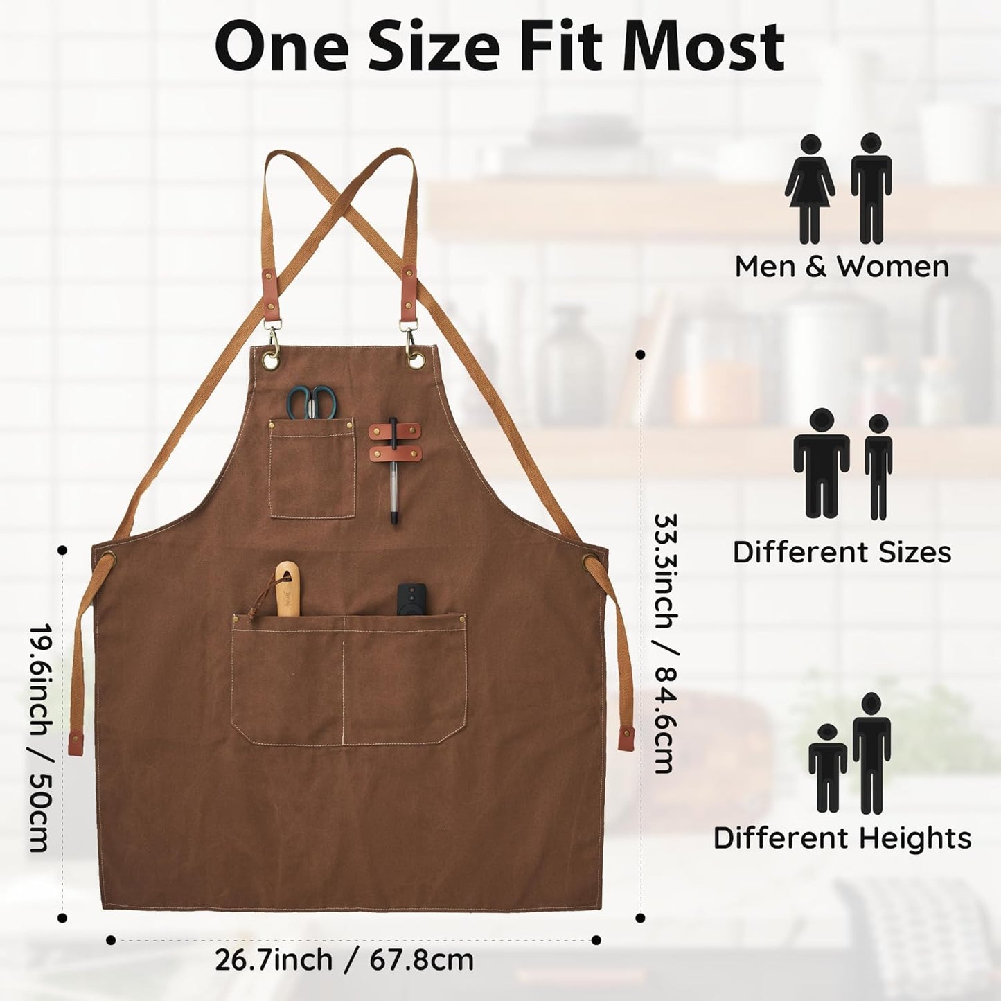 Canvasschorten, Werkschorten voor Mannen en Vrouwen, Chef-kokschorten met Verstelbare Riem en 3 Zakken, Schort voor Servers, Keuken, Koken, Bakken, Kunstenaar, Schilderen, Gekruiste Productgegevens Onderhoudsvoorschriften Machinewas Type sluiting Trekkoor