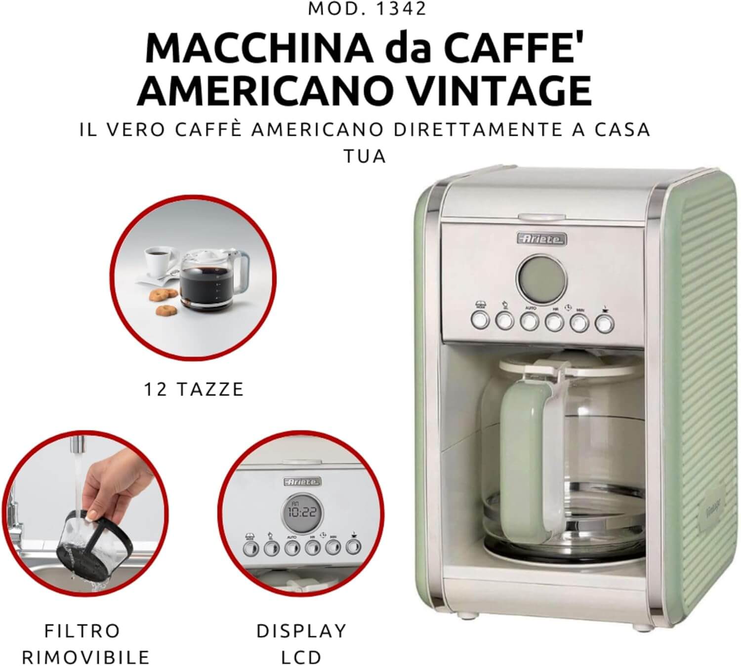 Ariete Retro Americano-koffiezetapparaat tot 12 kopjes 4 TOT 12 kopjes: Dit Americano-koffiezetapparaat met anti-druppelfunctie extraheert heerlijke, aromatisch geurende en smakelijke koffie Klaar wanneer je opstaat: dankzij de programmeerfunctie tot 24 u