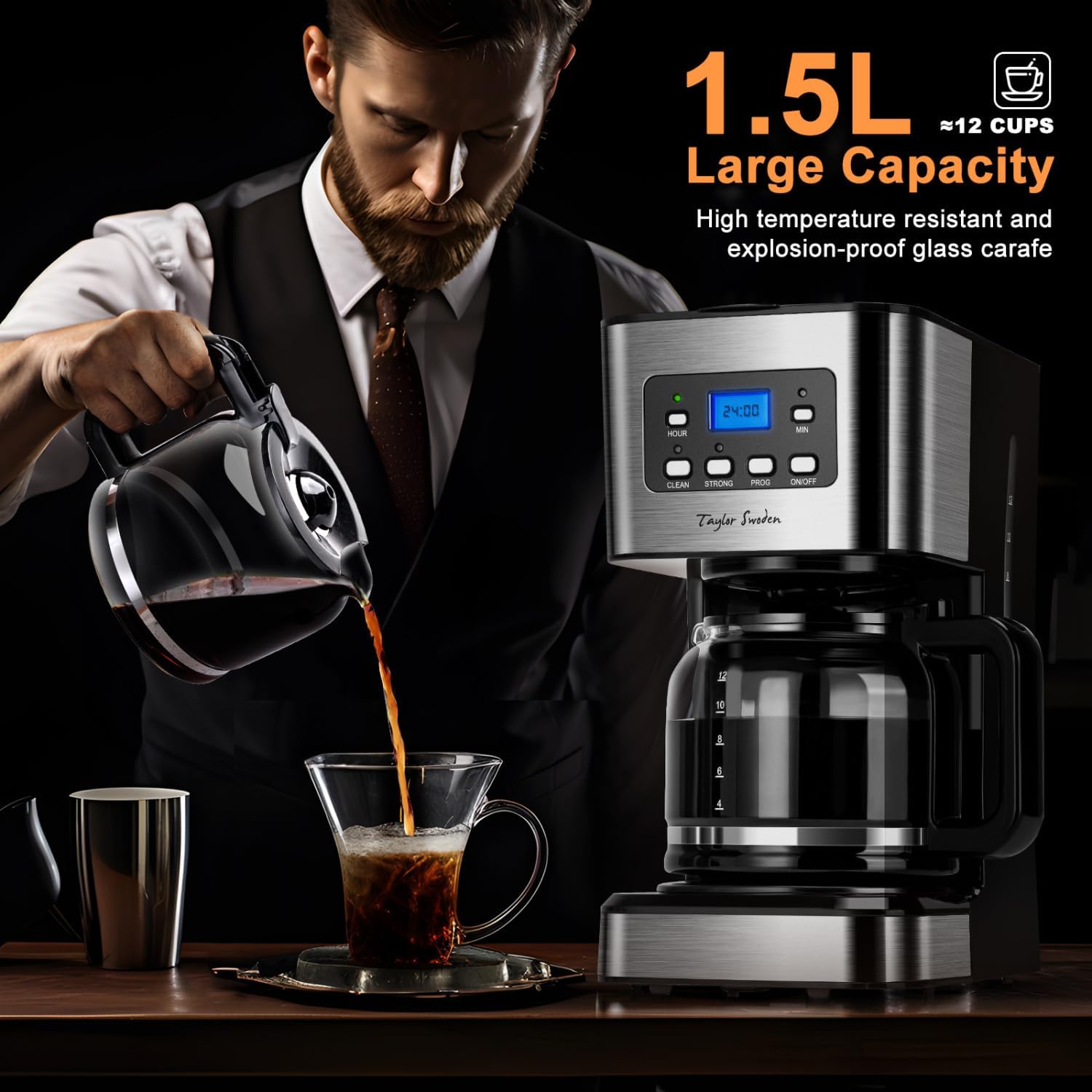 Darcy 950 W koffiezetapparaat met timer 1,5 l Over dit item Krachtig en snel: snelle koffiebereiding dankzij 950 W, waarmee je in enkele minuten 1 tot 12 kopjes vers gezette koffie kunt bereiden. Programmeerbare timer: met deze functie kun je je koffiezet