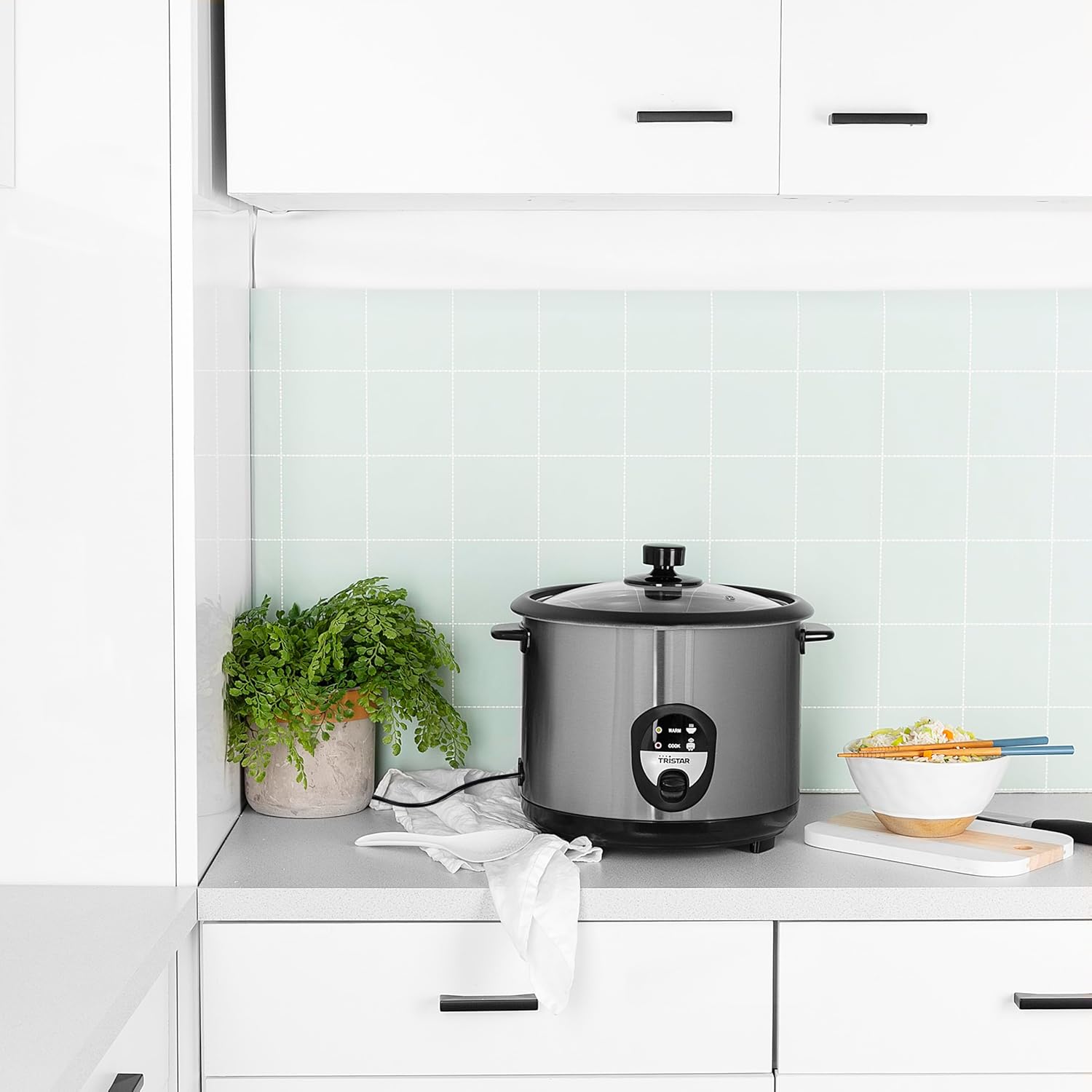 Tristar Rijstkoker – 2.2 liter – warmhoudfunctie - Silver Over dit item Mini rijstkoker met een inhoud van 0,6 liter voor 3 porties rijst. Lengte netsnoer (m): 1,1 m. Diameter: 17 cm Veilig in gebruik dankzij droogkookbeveiliging Zachte en heerlijke rijst