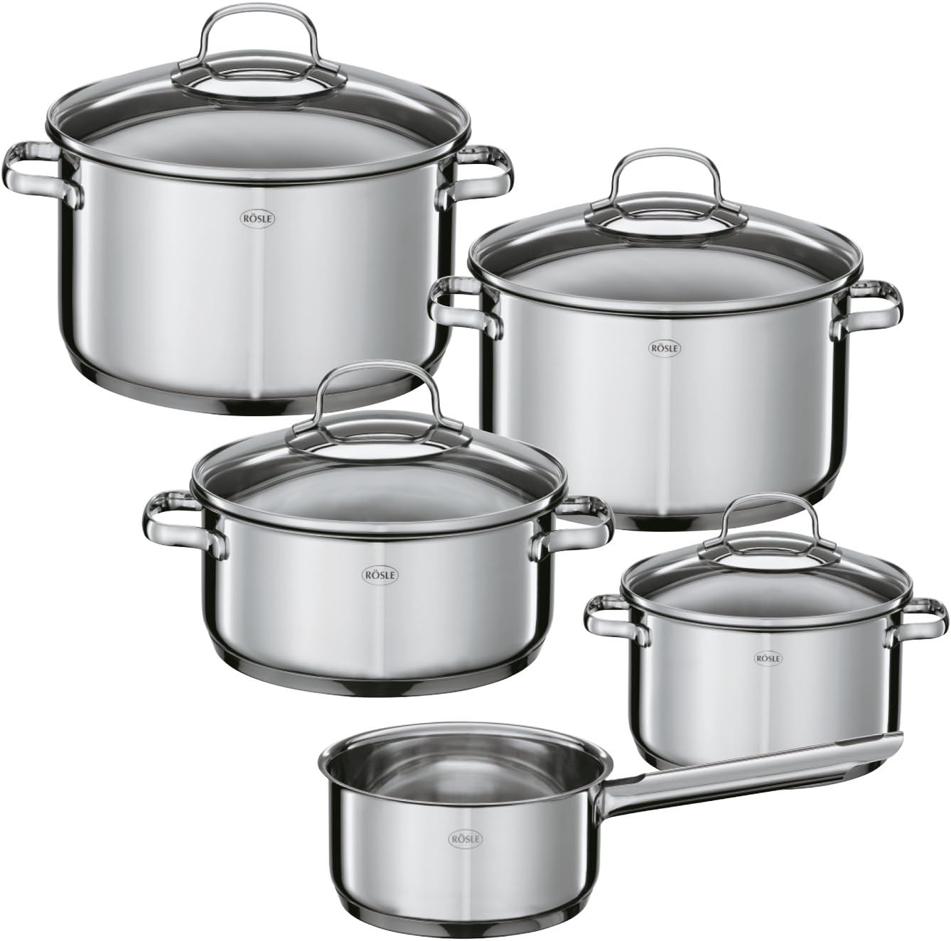 Rösle Elegance Pannenset, 10-delig, Roestvrij staal Over dit item Rösle Elegance, de pannenset van roestvrij staal, bestaat uit: Braadpan (20 cm) en kookpan (16/20/24 cm) inclusief glazen deksel, stoominzet (20 cm), sauspan met steel (16 cm), melkpan (14