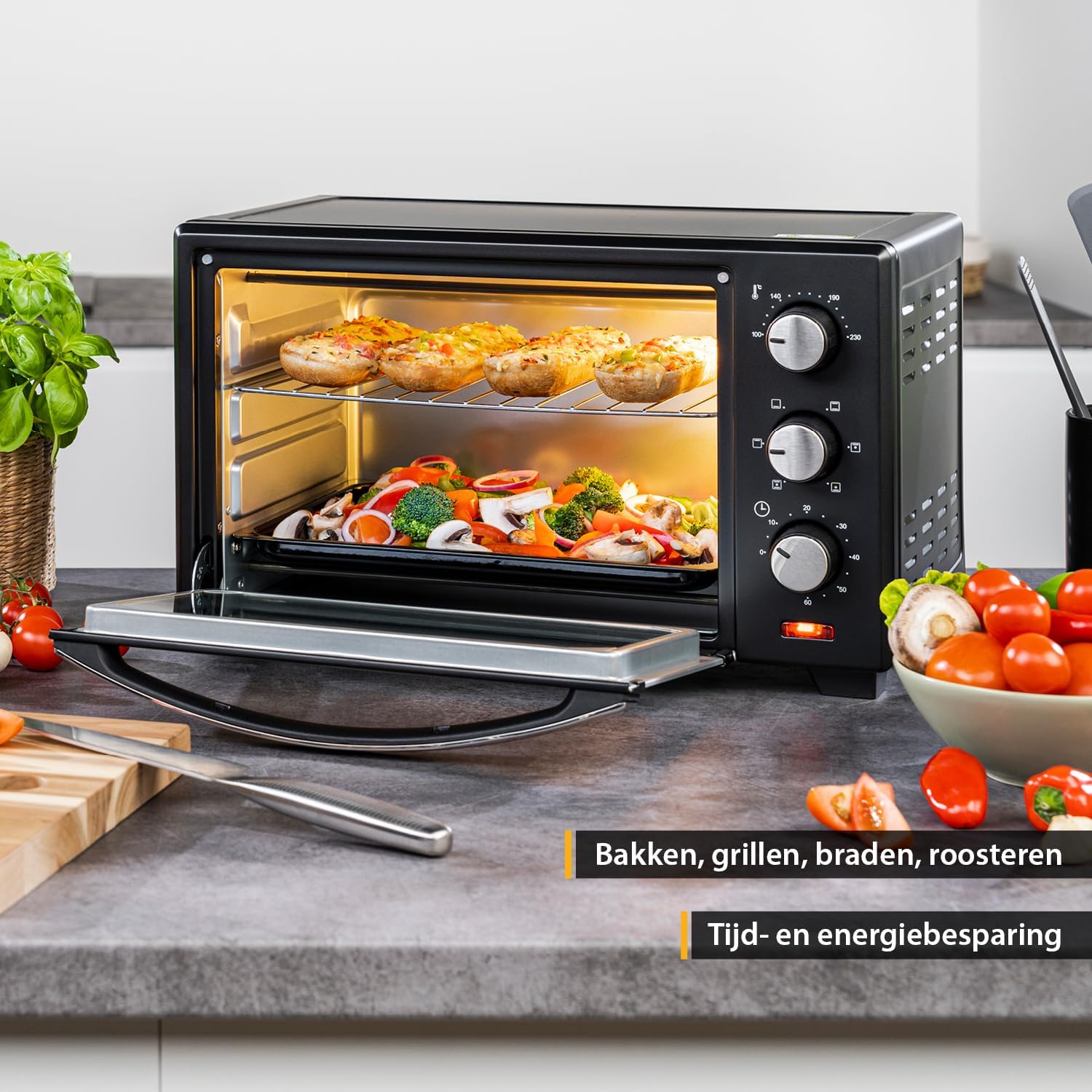 TZS First Austria Minioven I 1380W I Roestvrij staal I Dubbel glas I Temperatuurbereik: tot 230 °C I 19l inhoud I 60 min timer I 5,8kg I Zwart RUIMTE 20 LITRE OVEN: De grote ovenholte van 20 liter biedt genoeg ruimte voor je dagelijkse kook- en bakbehoeft