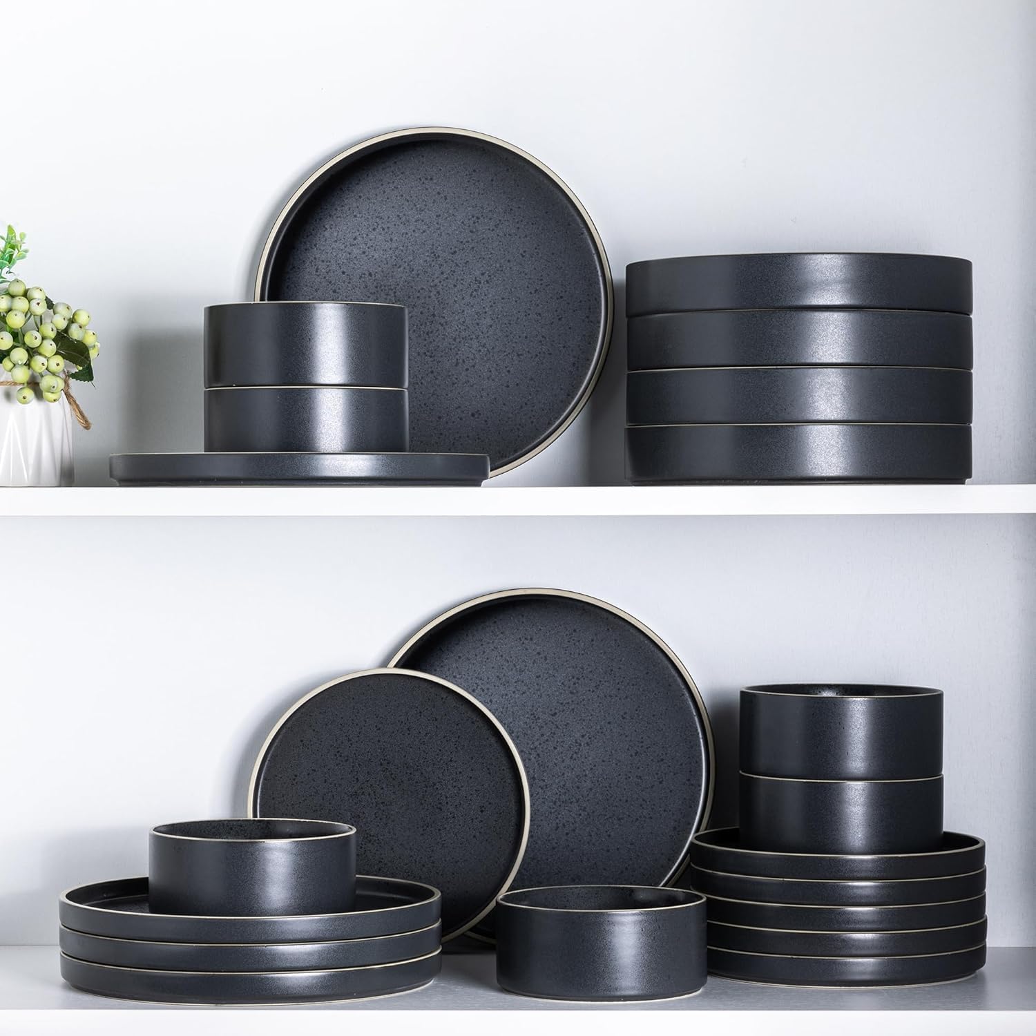 LeRatio Diner Set voor 6, 18-delige set borden en kommen van aardewerk, chip- en krasbestendig serviesset, oven- en vaatwasser- en magnetronbestendige serviesset (gespikkelde zwart-witte rand, servies LeRatio Diner Set voor 6, 18-delige set borden en komm
