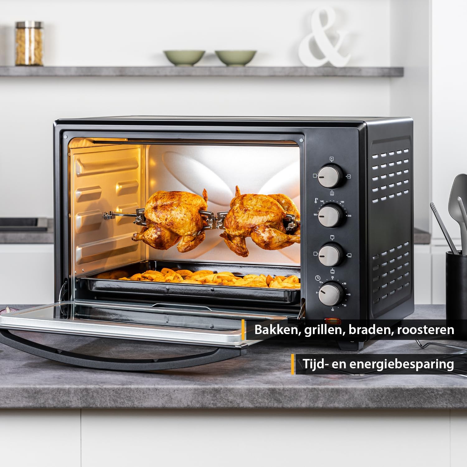Minioven 60l I 2000W I Convectie + draaispit I 4 verwarmingselementen I Temperatuurbereik tot 230 °C I Timer 60 min I Roestvrij staal I Zwart VERSATILE KOOKOPTIES - PIZZAS, FRYING, GRILLING, CASSEROLES EN MEER: Gebruik de flexibele verwarmingsmodi (hogere
