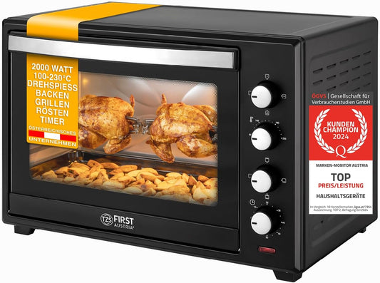 Minioven 60l I 2000W I Convectie + draaispit I 4 verwarmingselementen I Temperatuurbereik tot 230 °C I Timer 60 min I Roestvrij staal I Zwart VERSATILE KOOKOPTIES - PIZZAS, FRYING, GRILLING, CASSEROLES EN MEER: Gebruik de flexibele verwarmingsmodi (hogere