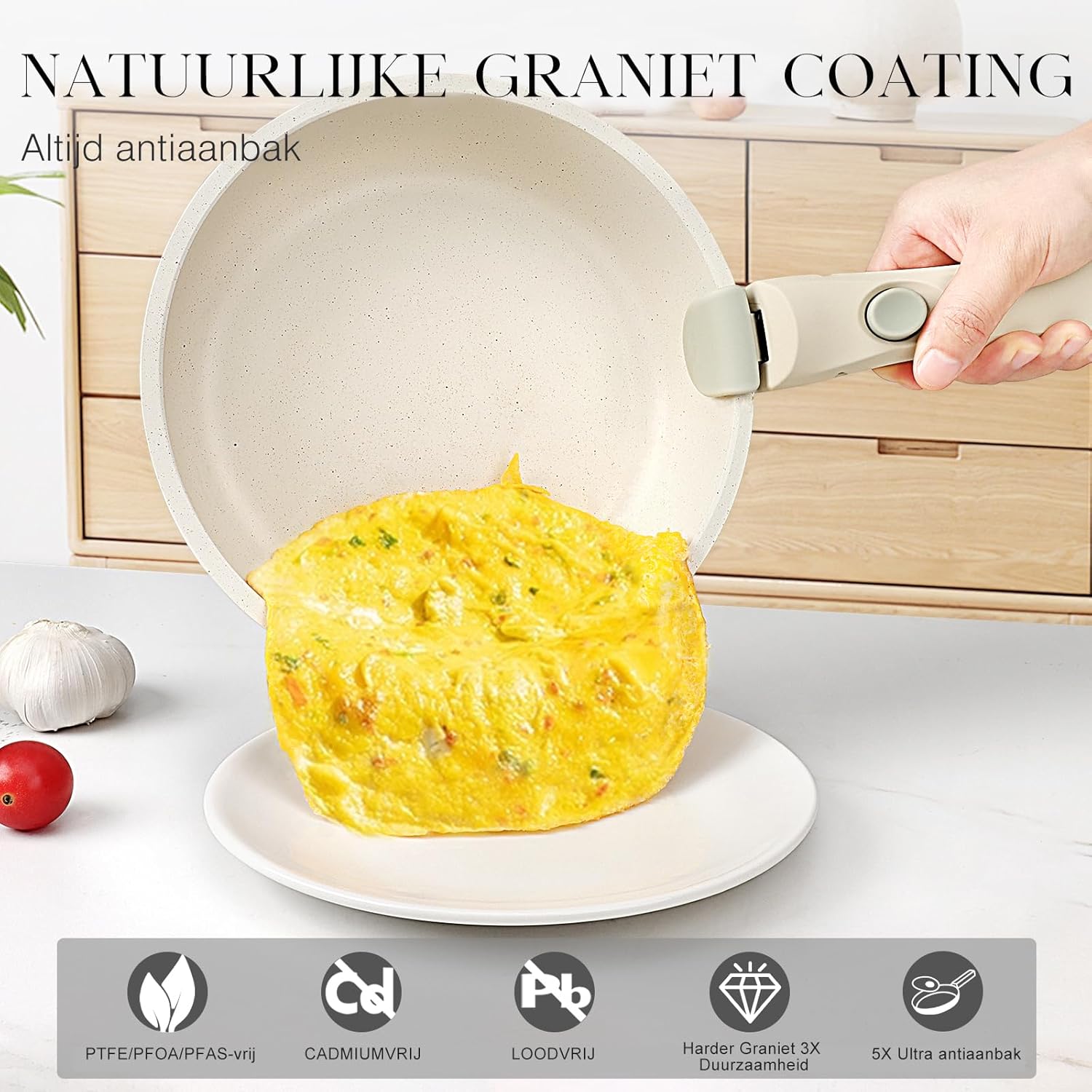 GiPP Pannenset met afneembare handgreep 11-delig 11-delige set kookgerei: 20 cm/26 cm braadpan, 26 cm braadpan met hoge rand, 18 cm/20 cm (2 l/3 l), afneembare handgreep, 2 x 16 cm/18 cm siliconen deksel, 20 cm/26 cm glazen deksel. Gezonde granieten coati