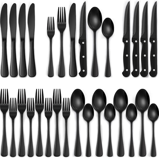 24-delige set zwarte zilverproducten met steakmessen voor 4 personen Over dit item Verhoog uw eetervaring met onze EWFEN 24-delige zwarte zilverwerkset, ontworpen voor 4 couverts. Deze set bevat 4 dinervorken, 4 slavorken, 4 eetlepels, 4 dessertlepels, 4