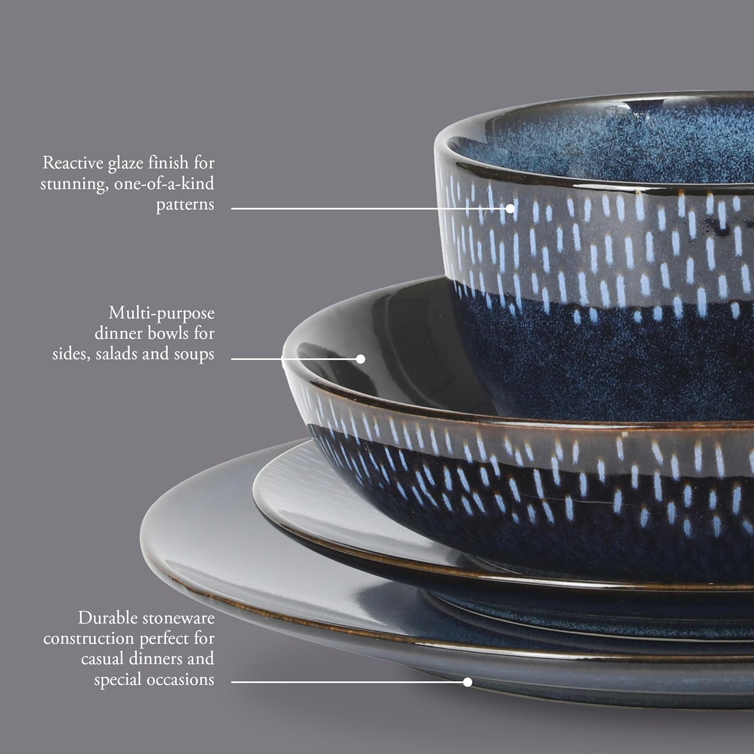 Gibson Elite Matisse Serviesset met dubbele kom, servies voor 4 (16 stuks), kobaltblauw Breng een gevoel van elegantie aan uw tafel met de Gibson Elite Matisse 16-delige dubbele Bowl serviesset. Elk item in deze set brengt eigentijdse mode op tafel met ee