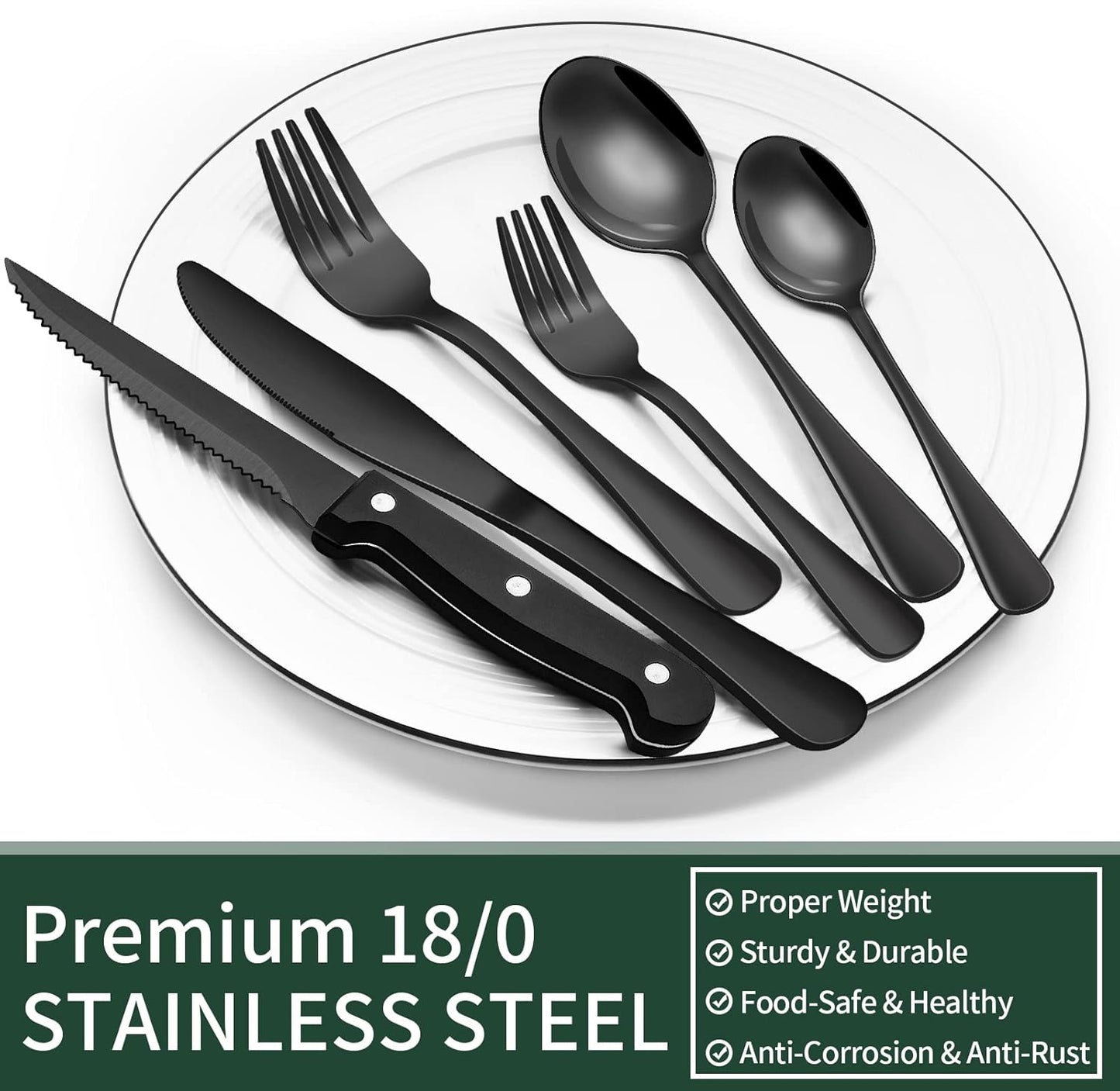 24-delige set zwarte zilverproducten met steakmessen voor 4 personen Over dit item Verhoog uw eetervaring met onze EWFEN 24-delige zwarte zilverwerkset, ontworpen voor 4 couverts. Deze set bevat 4 dinervorken, 4 slavorken, 4 eetlepels, 4 dessertlepels, 4