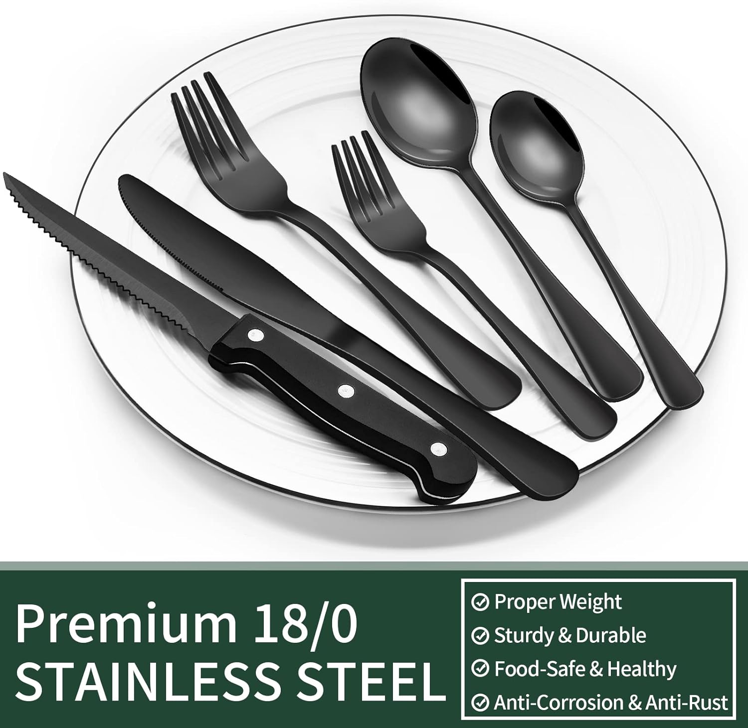 24-delige set zwarte zilverproducten met steakmessen voor 4 personen Over dit item Verhoog uw eetervaring met onze EWFEN 24-delige zwarte zilverwerkset, ontworpen voor 4 couverts. Deze set bevat 4 dinervorken, 4 slavorken, 4 eetlepels, 4 dessertlepels, 4