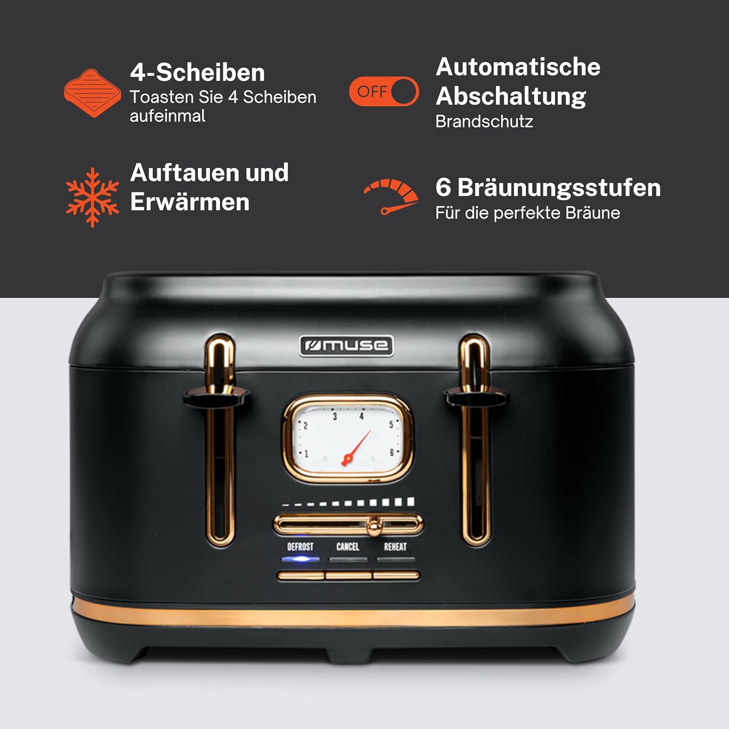 Muse Roestvrijstalen broodrooster in zwart retro design, analoge weergave Over dit item Retro van buiten, modern van binnenin: de broodrooster is een echte blikvanger en wordt door gasten altijd goed bekeken. Met zijn coole analoge weergave en de leuke ac
