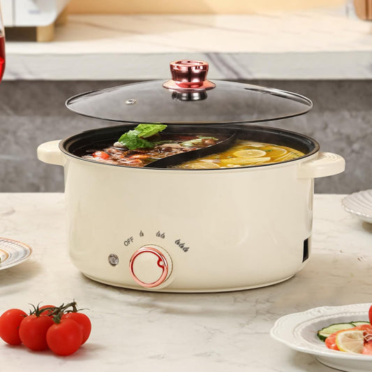 Elektrische Hot Pot, 3.5L Elektrische Kookpan met Scheidingswand, 1000 W, Drie Vermogensaanpassingen, Anti-aanbak, Multifunctionele Braadpan, Snelle Soeppan voor Braden, Ramen, Fondue, Soep / Geniet van 2 smaken tegelijkertijd: de elektrische hete pot is