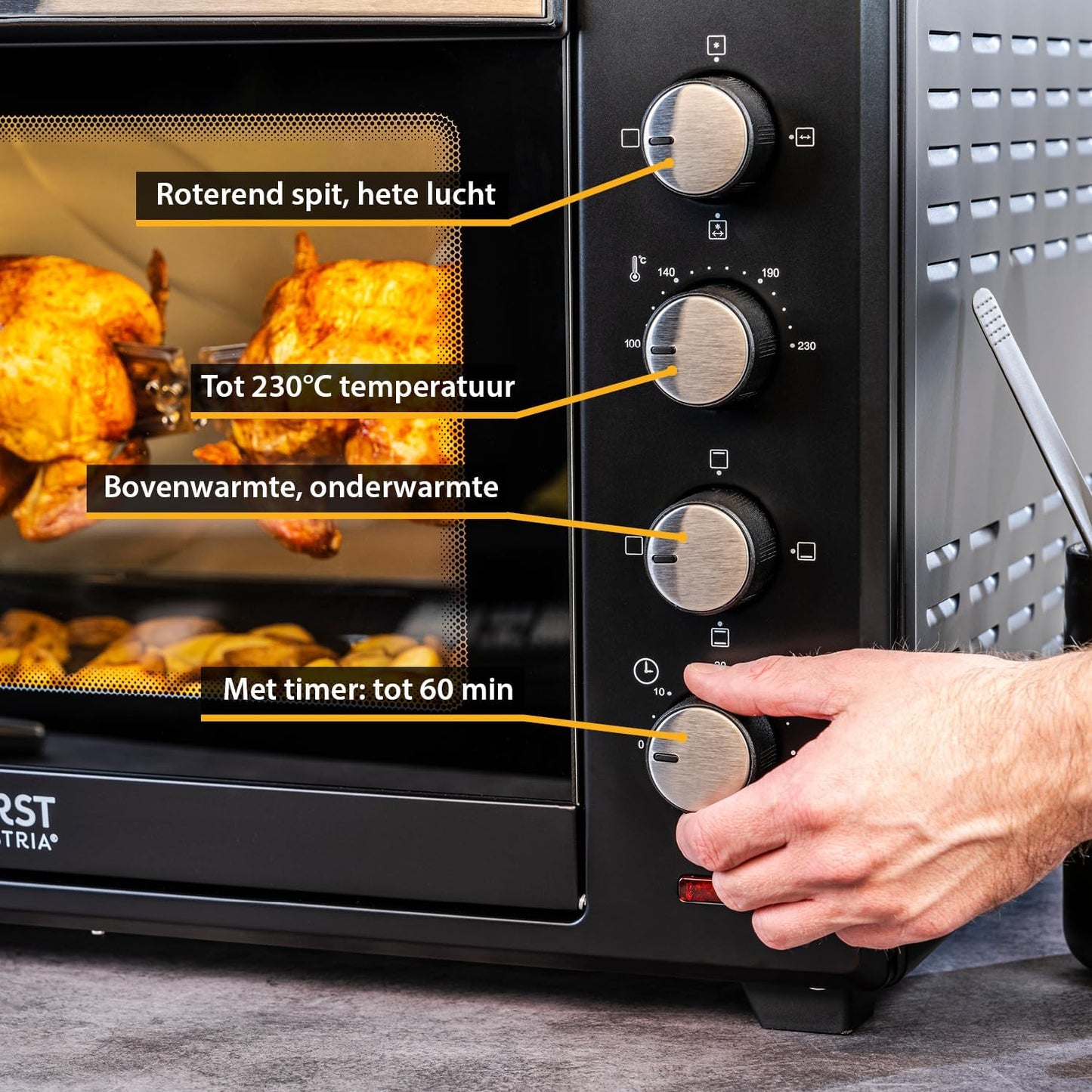 Minioven 60l I 2000W I Convectie + draaispit I 4 verwarmingselementen I Temperatuurbereik tot 230 °C I Timer 60 min I Roestvrij staal I Zwart VERSATILE KOOKOPTIES - PIZZAS, FRYING, GRILLING, CASSEROLES EN MEER: Gebruik de flexibele verwarmingsmodi (hogere